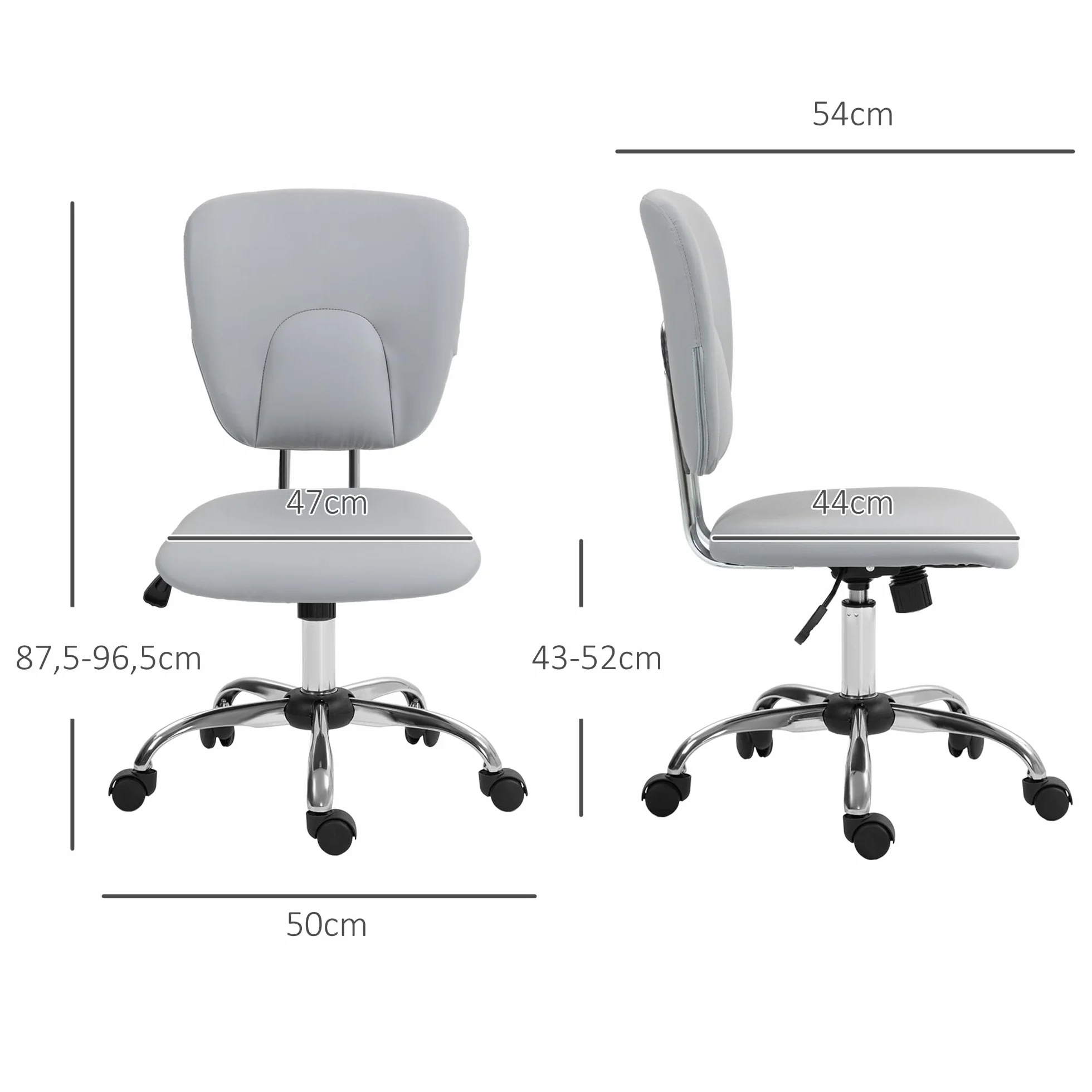 Vinsetto Silla de Oficina sin Reposabrazos Escritorio Juvenil Altura Ajustable Inclinación Carga 120 kg 50x54x87,5-96,5 cm Gris Claro