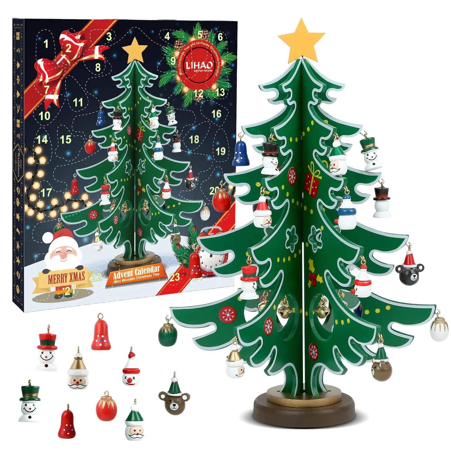 LIHAO Calendario de Adviento de Madera Mini Árboles de Navidad Adornos Decoración Regalos para Niños