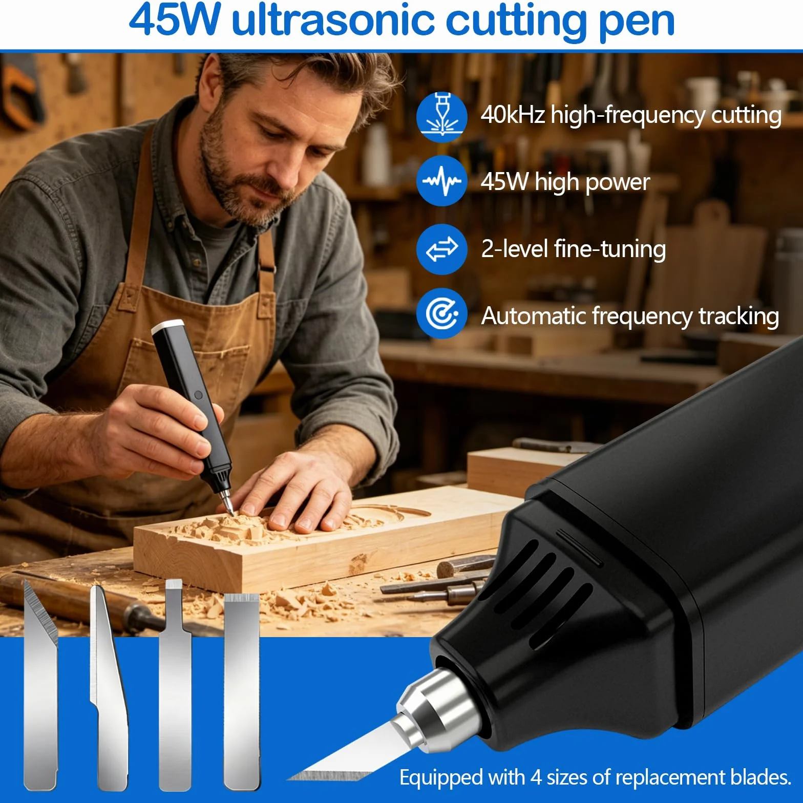 Cuchillo Cortador Ultrasónico, Cutter Profesional 2 en 1 con 70 Cuchillas Bolígrafo de Corte Ultrasónico de 45 W con Dos Niveles de Intensidad para Cortar Plástico Madera Resina y PVC