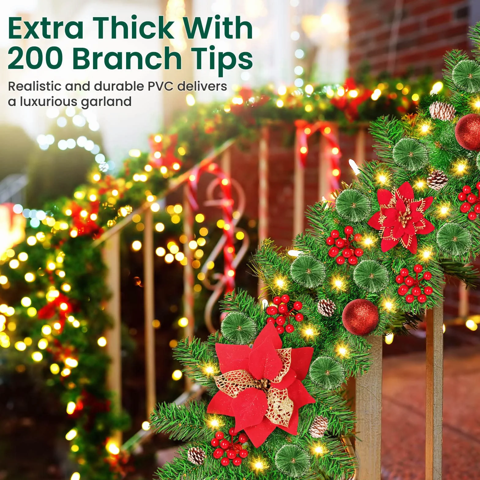 Guirnalda de Navidad, 2.7m Guirnalda Navideña con 50 LED Luces, Guirnalda de Navidad con 8 Modos de Iluminación, Guirnalda Navideña para Escaleras, Puerta, Arco, Hogar, Exterior, Decoración (Rojo)