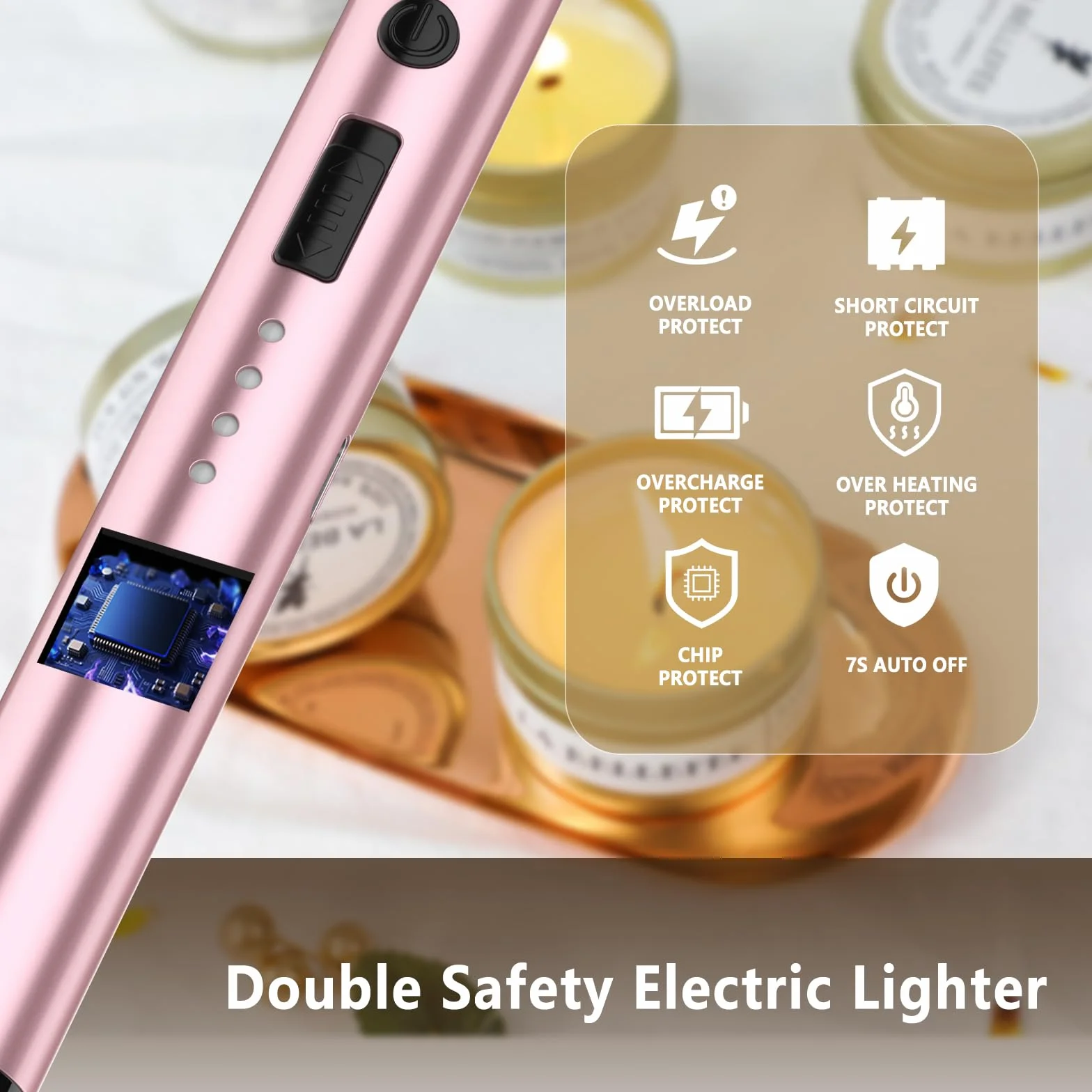 Encendedor Electrico USB Mechero, GeeRic Encendedor de Arco Eléctrico Recargable con Indicador LED, Recargable Mechero de Velas para Cocina de Gas,Chimenea, Barbacoa（Oro Rosa）