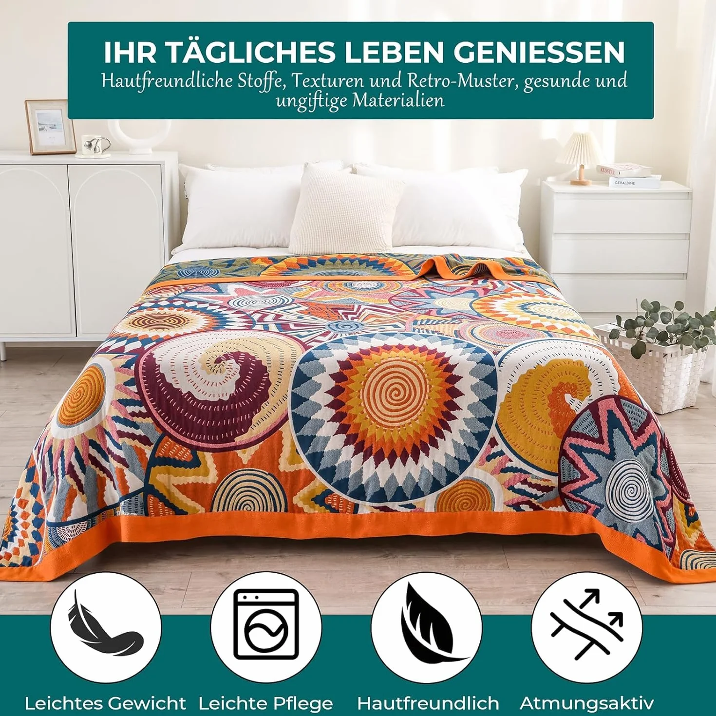 HOORDRY Colcha premium 100% algodón, manta de doble cara, colcha boho 230 x 250 cm, manta para sofá o cama, manta de muselina de algodón para toda la temporada