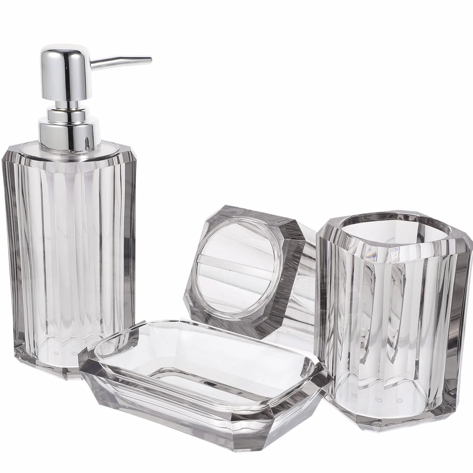 Set de Accesorios para Baño para Mantener el Lavabo Ordenado y Elegante en Acrílico Transparente Dispensador de Jabón y Porta Cepillo de Dientes Acero Inoxidable