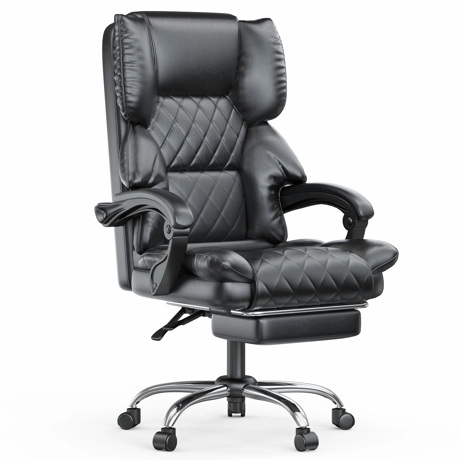 Silla de Oficina Ergonómica de Cuero PU con Reposapiés, Giratoria con Inclinación, Negro