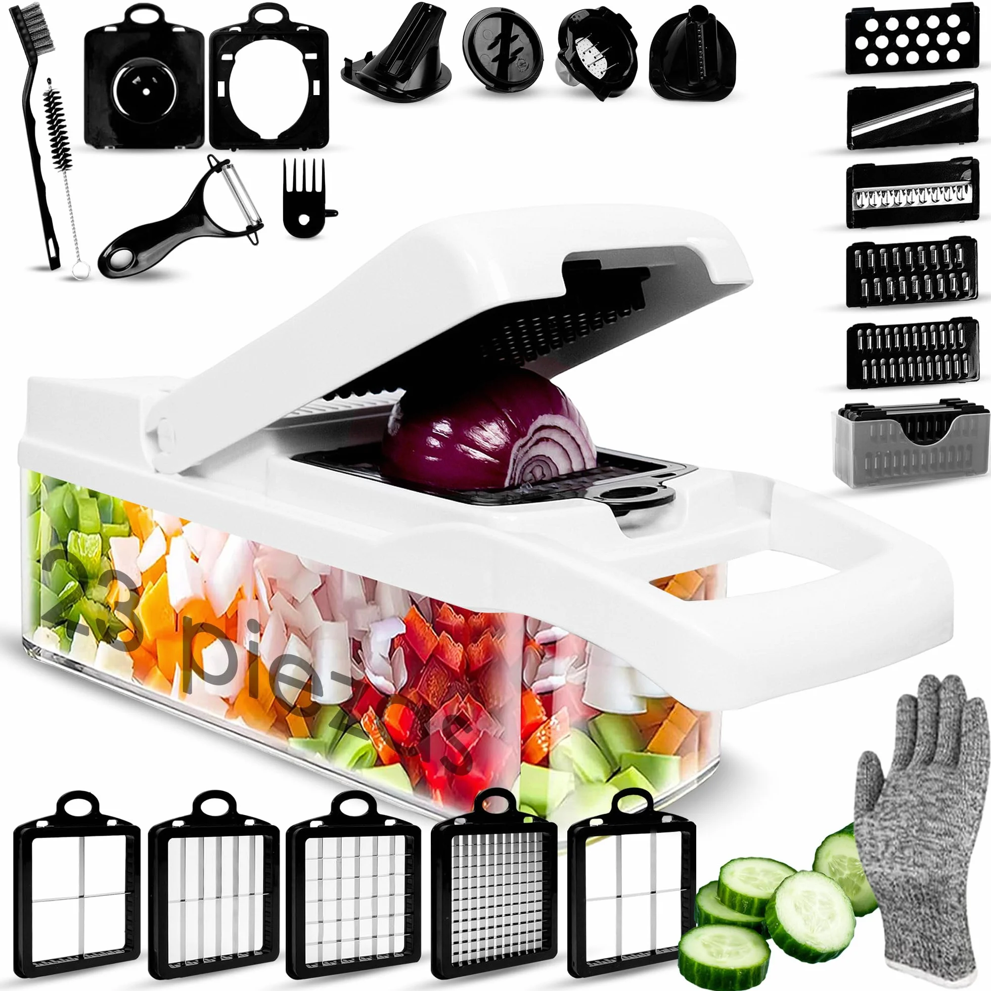 Multifuncional Cortador de Verdura Manual 23 en 1, Mandolina de Cocina Profesional, Picador de Verduras y Patata, Espiralizador, Rallador Cebolla, Cuchillas de Acero Inoxidable, Utensilios de Cocina.