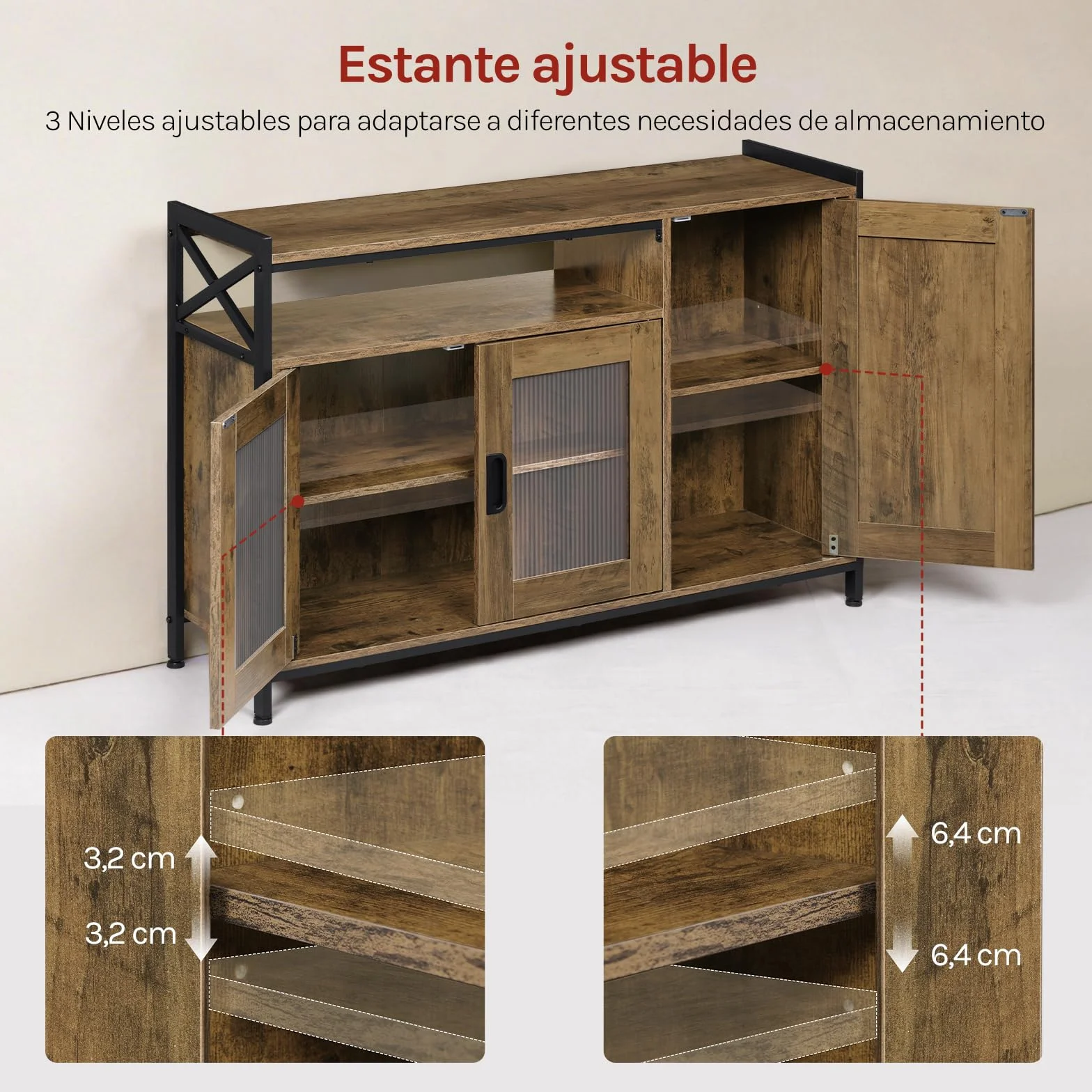 WOLTU Aparador Cocina de Almacenamiento, 3 Puertas, Estantes Ajustables, Mueble Auxiliar de Almacenaje para Cocina Salón y Comedor, Estructura Metal y Madera, 110x33x75 cm, Madera Marrón