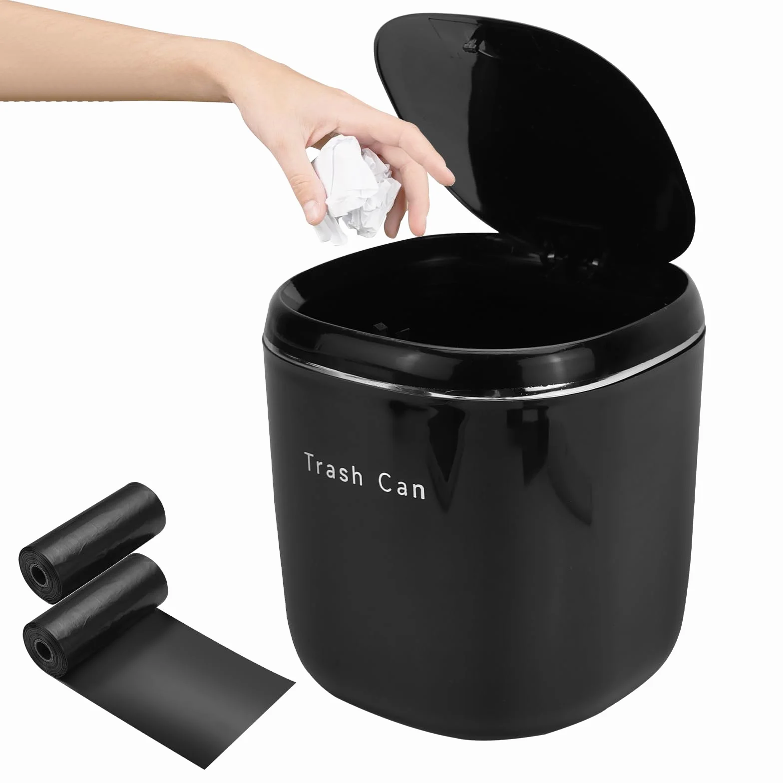 FAELNK Cubo Basura Pequeño Mini Papelera Escritorio con Tapa Negro 2,5 L para Dormitorio Baño Oficina Contenedor de Cosméticos Cenicero con 2 Rollos de Bolsas de Basura