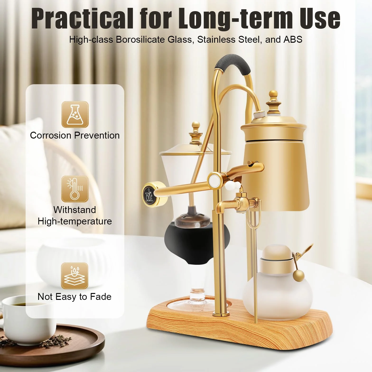 Sifón cafetera al vacío Sifón Belga Cafetera Set elegante doble acanalado Fulcrum con mango en T, negro egipcio y oro
