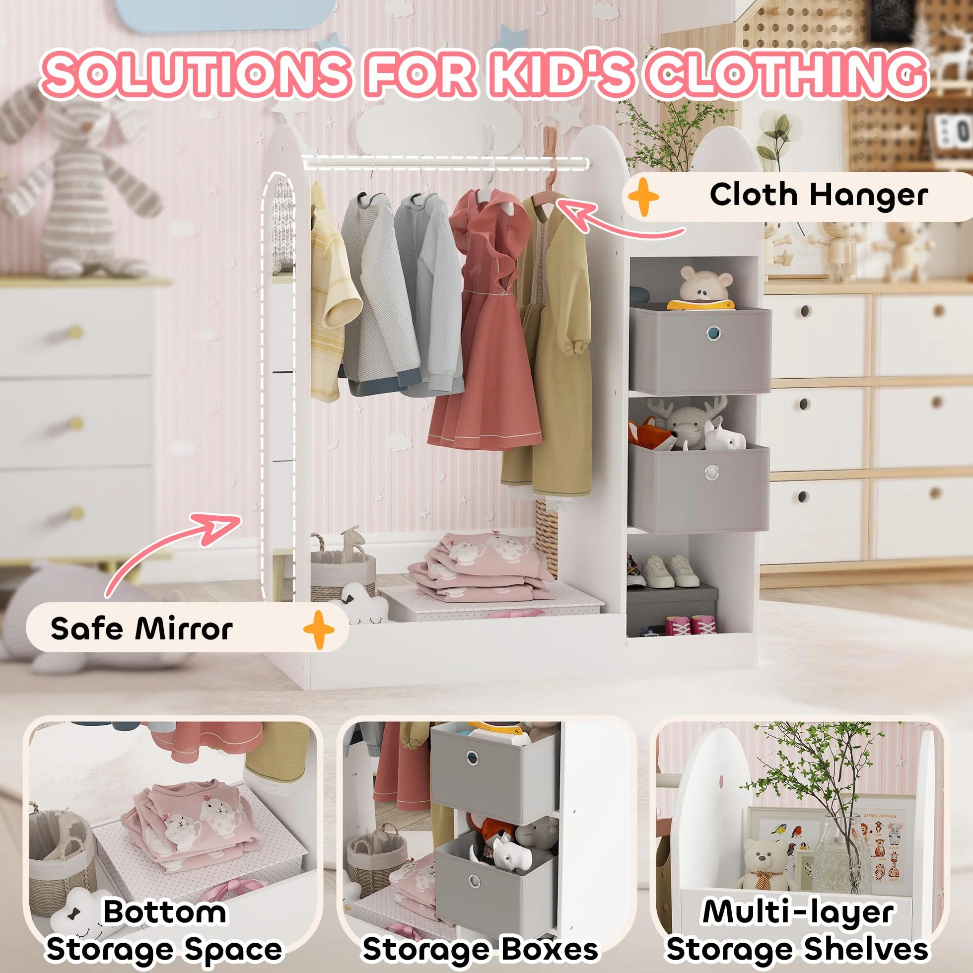 AIYAPLAY Perchero de ropa para niños con estante de almacenamiento, cajas y espejo, armario blanco