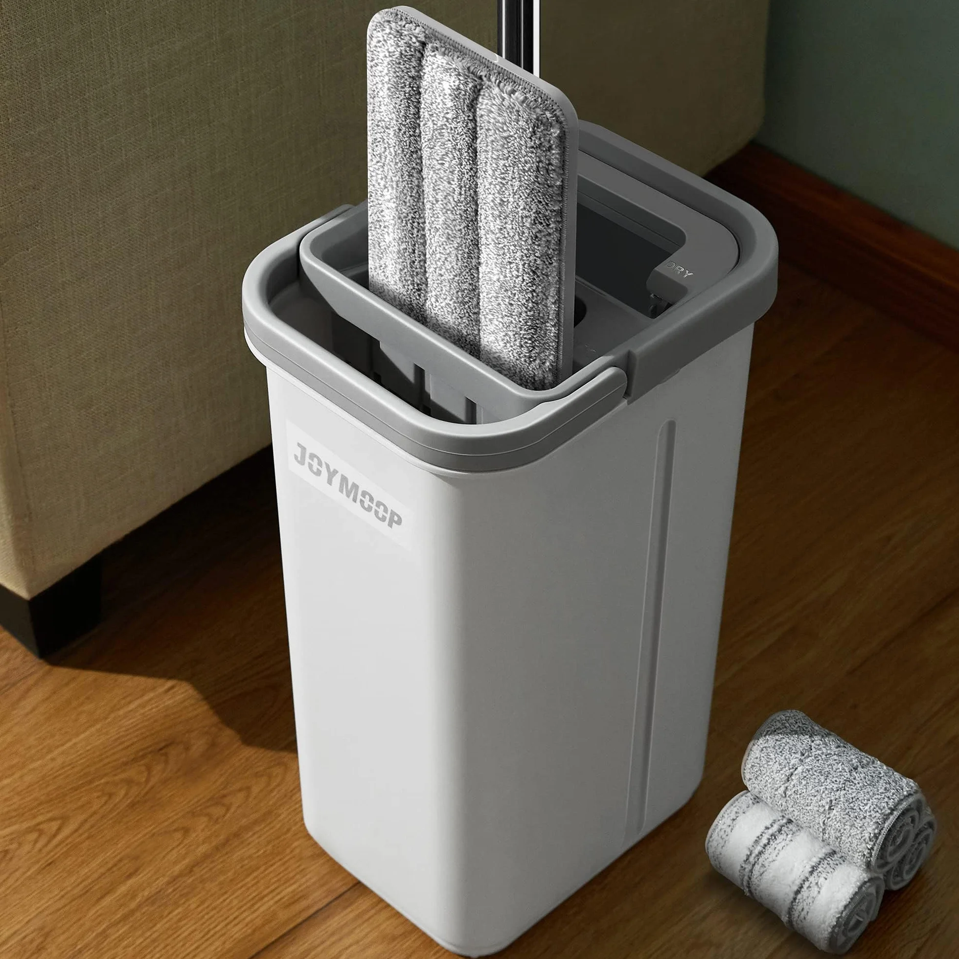 JOYMOOP Fregona plana con cubo escurridor, 3 almohadillas microfibra lavables, limpieza suelos seco y húmedo