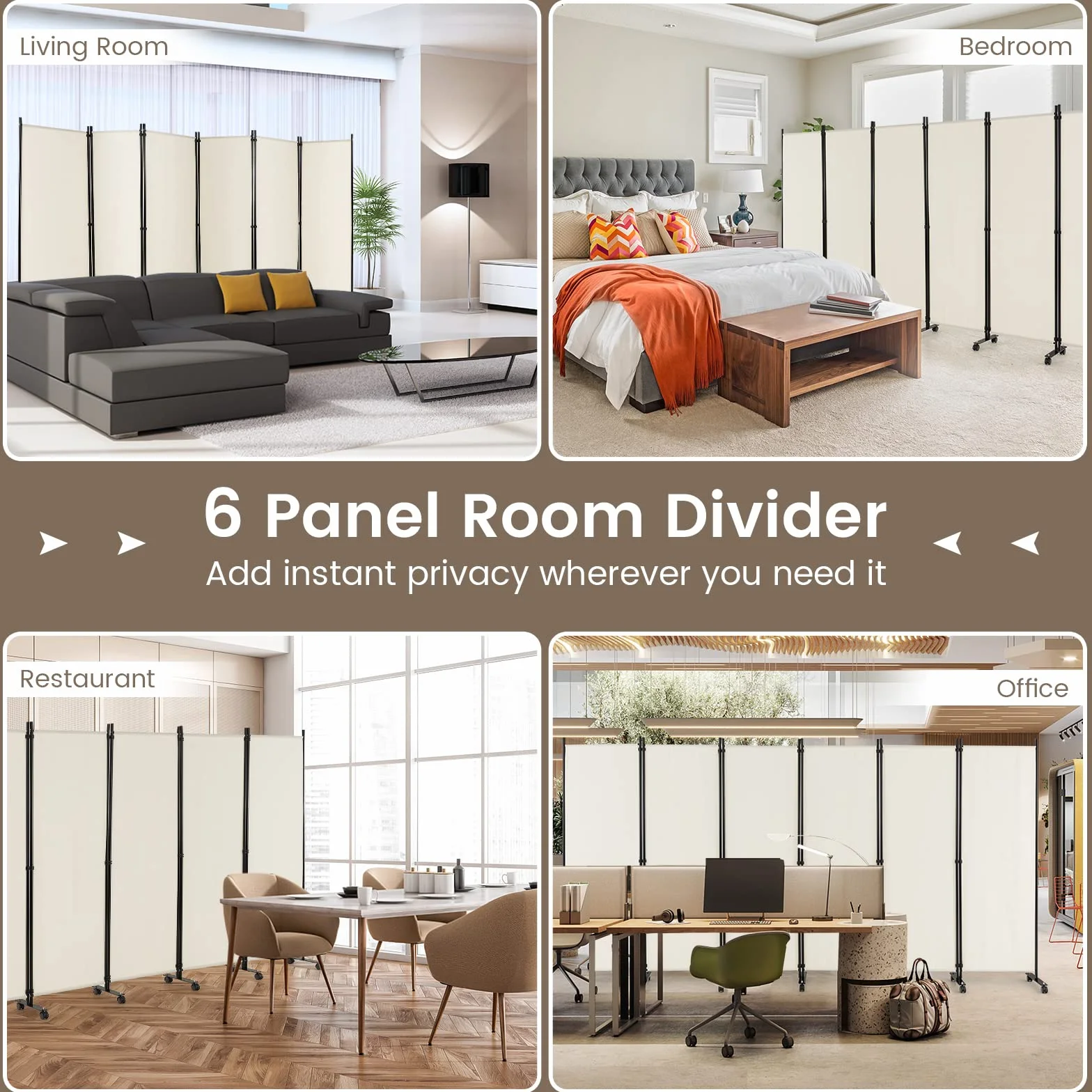 GIANTEX Biombo Plegable con Ruedas, Separador de Privacidad 6 Paneles, 334,5 x 172 cm, Divisor de Habitación de Tela con Patas Anchas, Protección Privada (Beige)