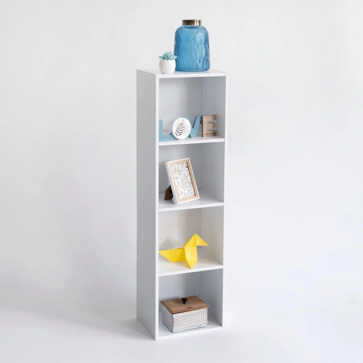 Estantería Librería Cubo 4 Estantes Tablero Laminado Blanco 106x30x24 Mueble Despacho Soporta 20 kg
