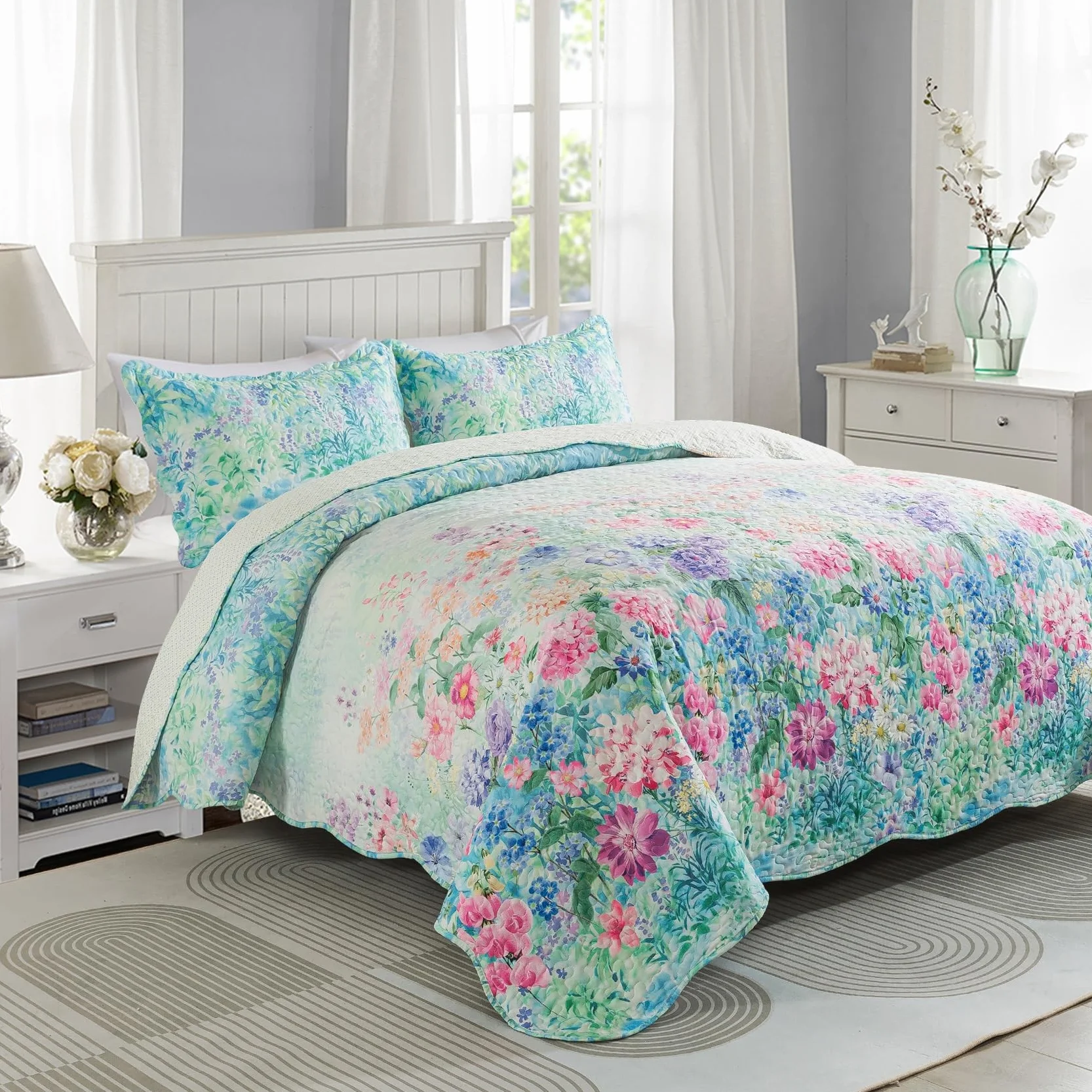 Travan Juego de edredón Floral, Ultra Suave y Resistente a la decoloración, Juego de Cama Queen con 1 edredón y 2 Fundas, Morado, jardín de ensueño