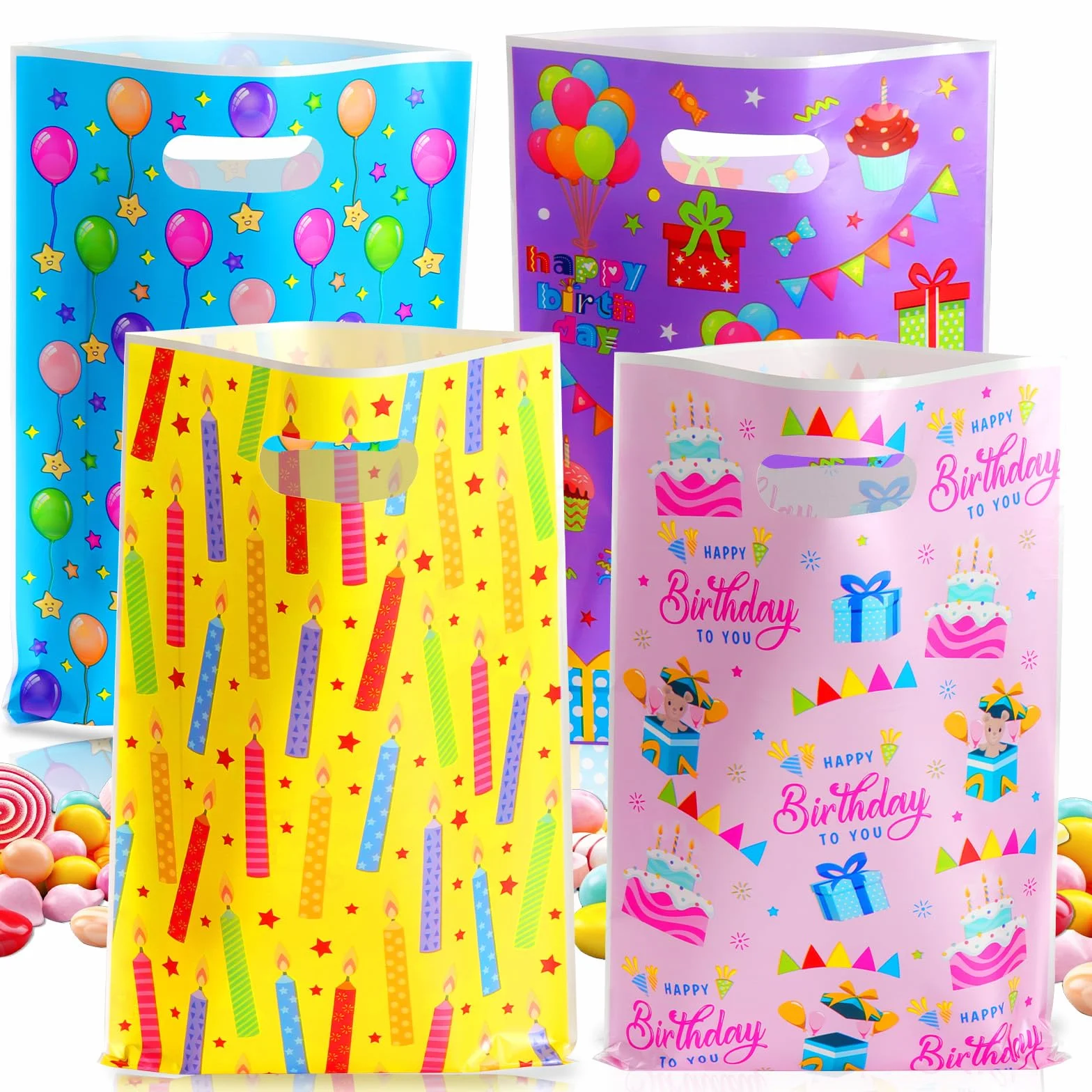 Annhao 50 Piezas Bolsas Cumpleaños Infantil, Bolsas Regalo Cumpleaños de Chuches Galletas, Bolsitas Infantiles para Regalos Fiestas de Cumpleaños, Navidad, Bodas, Celebraciones (4 Colores)
