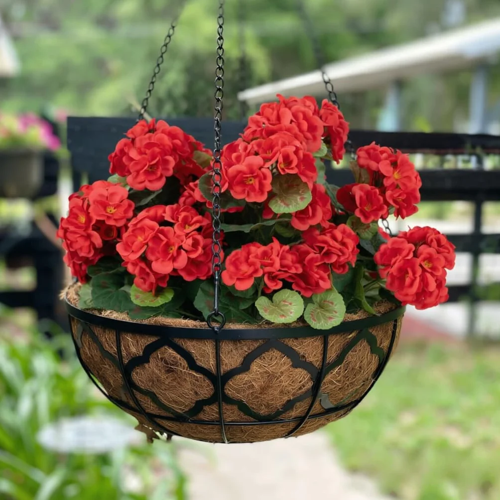 Geranios Artificiales Exterior Laelfe 4 Ramos Flores Decoracion Hogar Balcón Jardin Patio Maceta Colgante Rojo