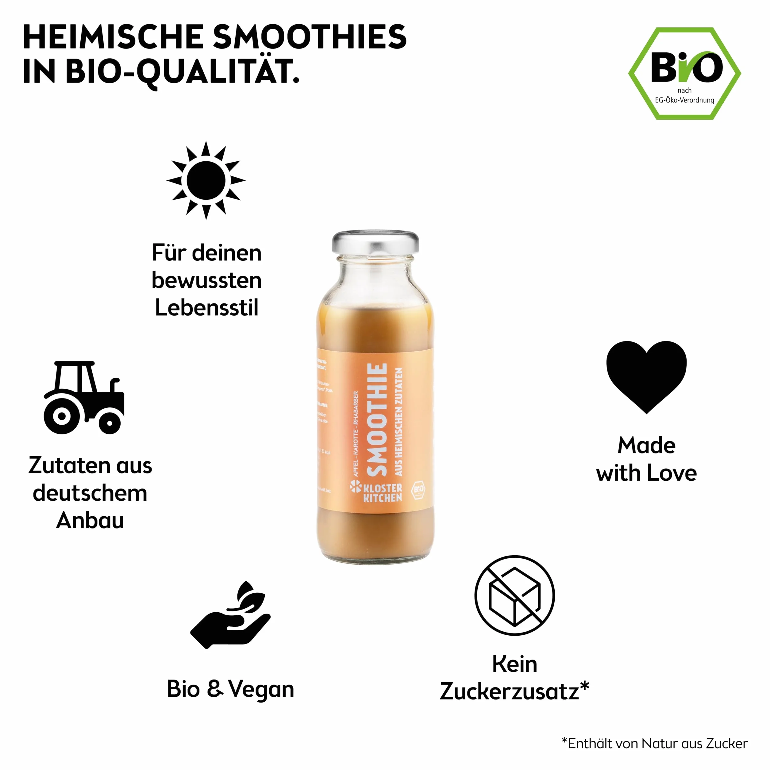 Kloster Kitchen Bio Smoothie Mix 6x250 ml Set Rojo Naranja Verde Vegano Desayuno Superalimentos Botella Vidrio