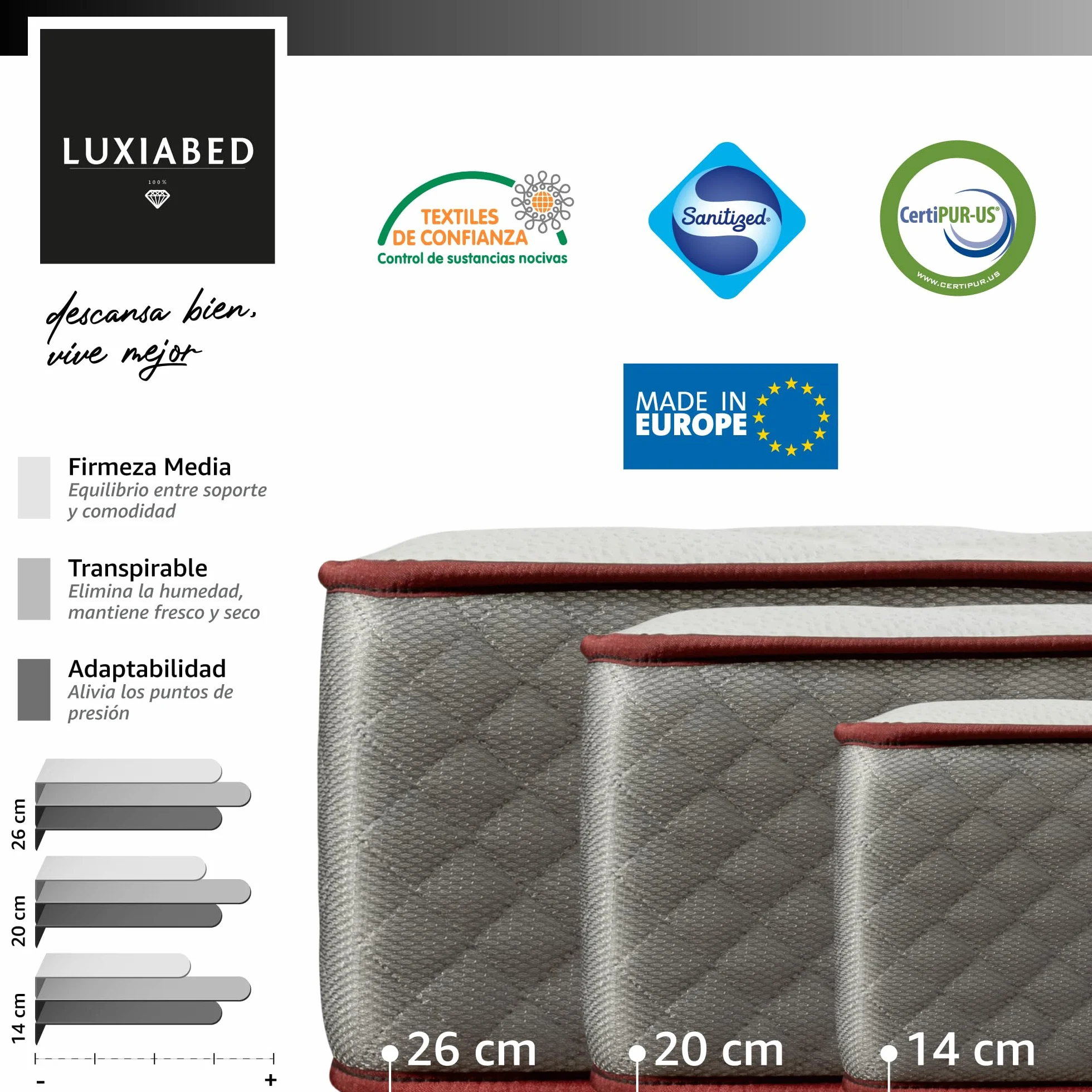 LUXIABED Colchon Viscoelastica 90x200 Dual Confort Firmeza Media MemorySens Elixir 14 cm Gris