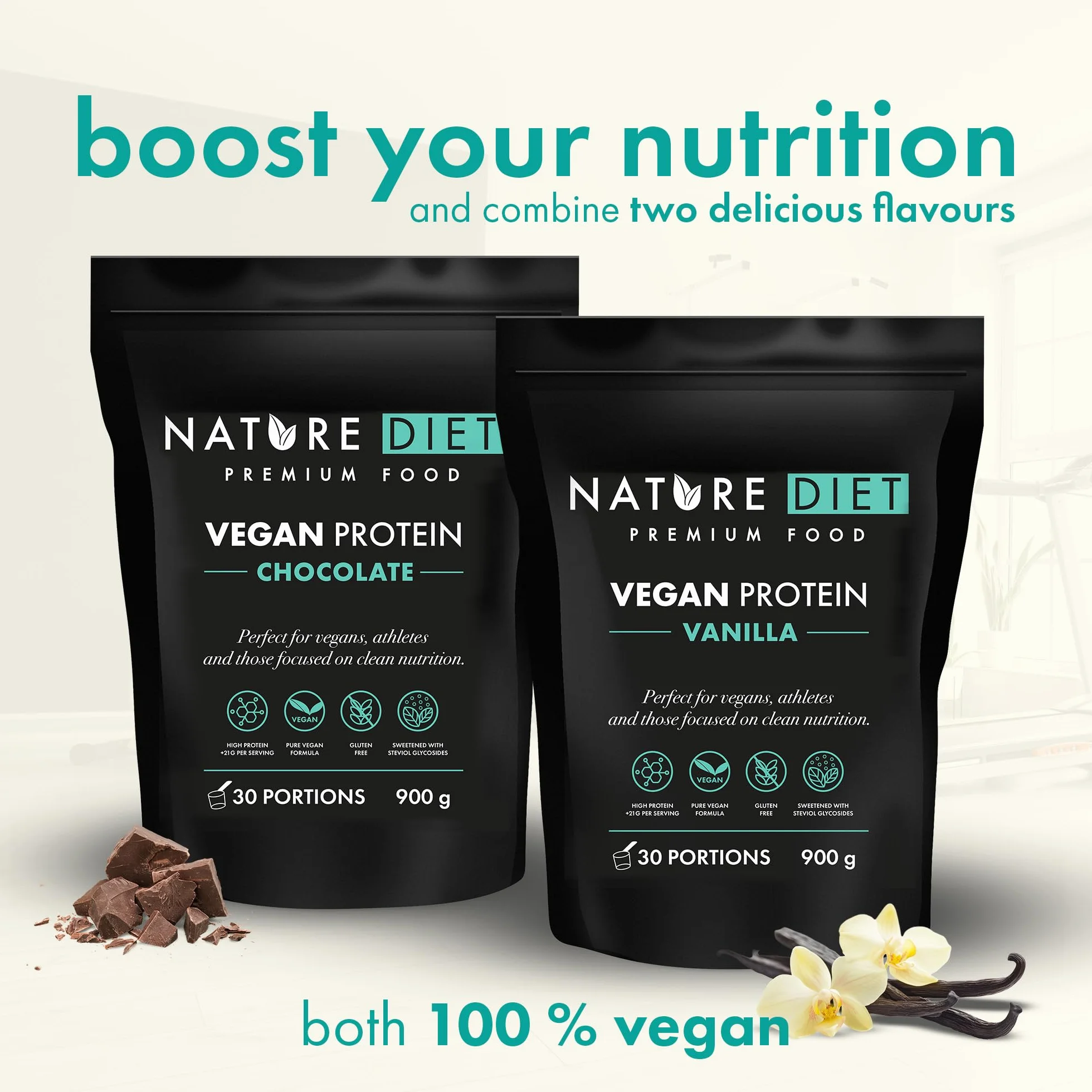 Nature Diet Proteína Vegana Vanilla 900 g 21,9 g Proteína por Ración 30 Raciones Mezcla Guisante Cáñamo Sin Gluten