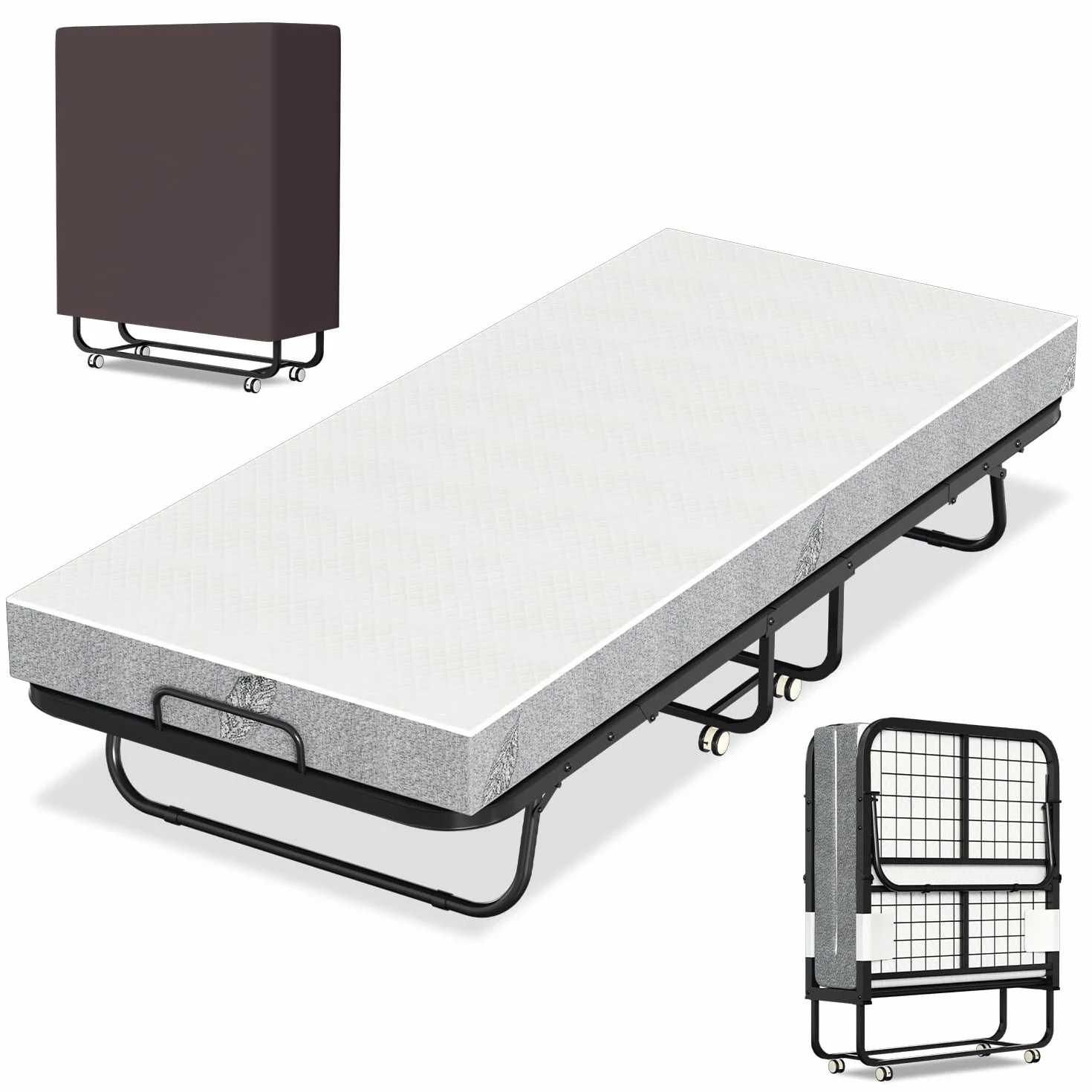 Cama plegable 90x200 cm con colchón de 13 cm, cama plegable para invitados para adultos, marco de metal estable, cama plegable con ruedas y funda protectora, cama de visita para ahorrar