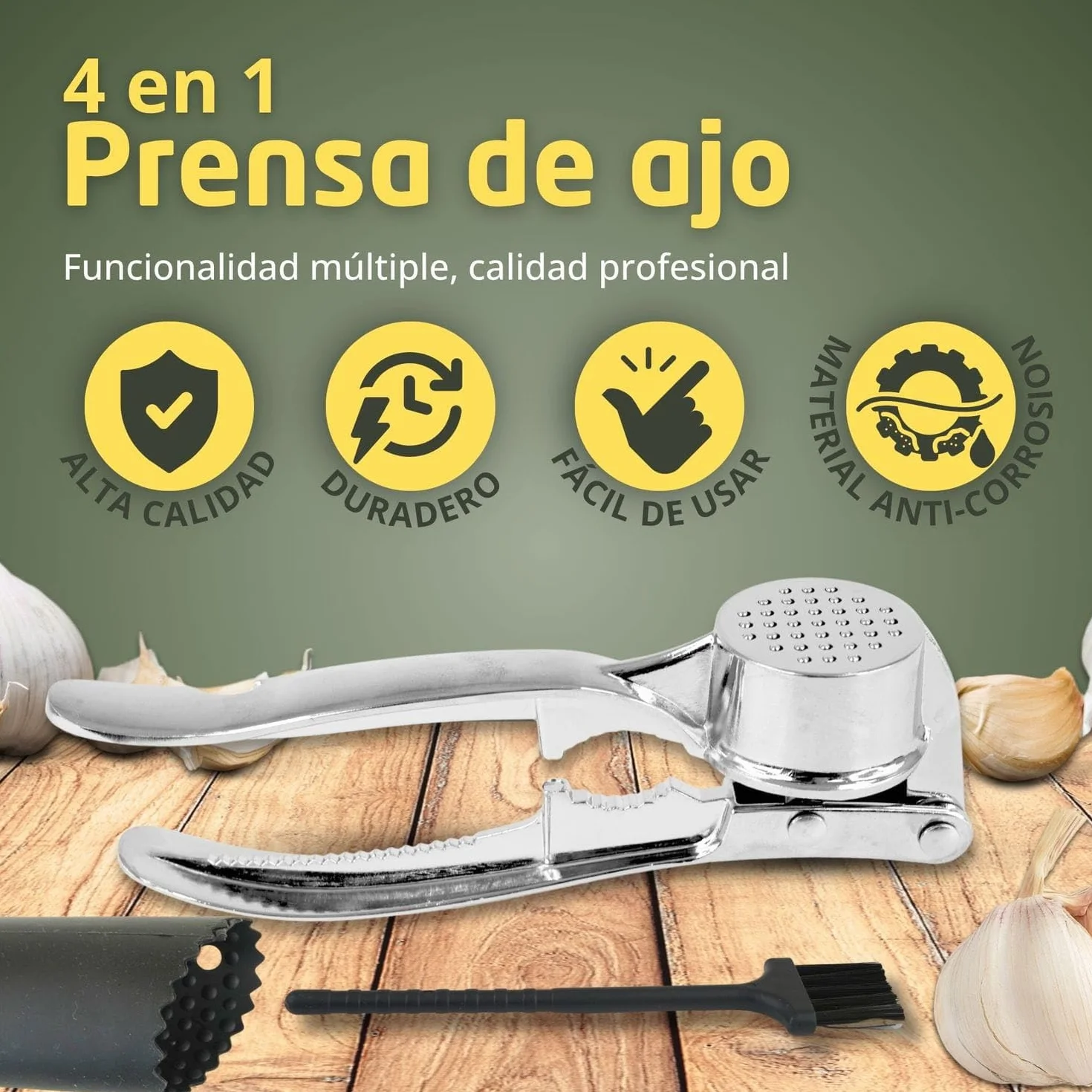 Prensa de Ajo Multifunción Acero Inoxidable Picadora Manual Triturador Pelador Ajos Cepillo Limpieza Cascanueces Escamador Abridor Botellas