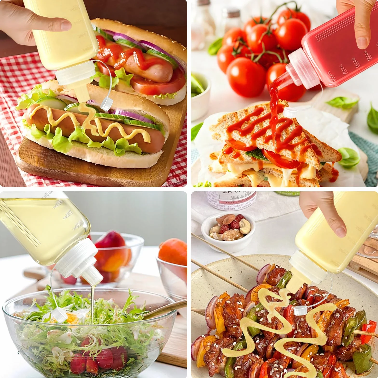 4 Piezas Biberon Cocina 800ml, biberones cocina 27oz, Transparente Botellas de Cocinas con Tapa, Plástico Botella Salsa con Cepillo y Embudo para Salsas Ketchup Oliva Mostaza Líquida