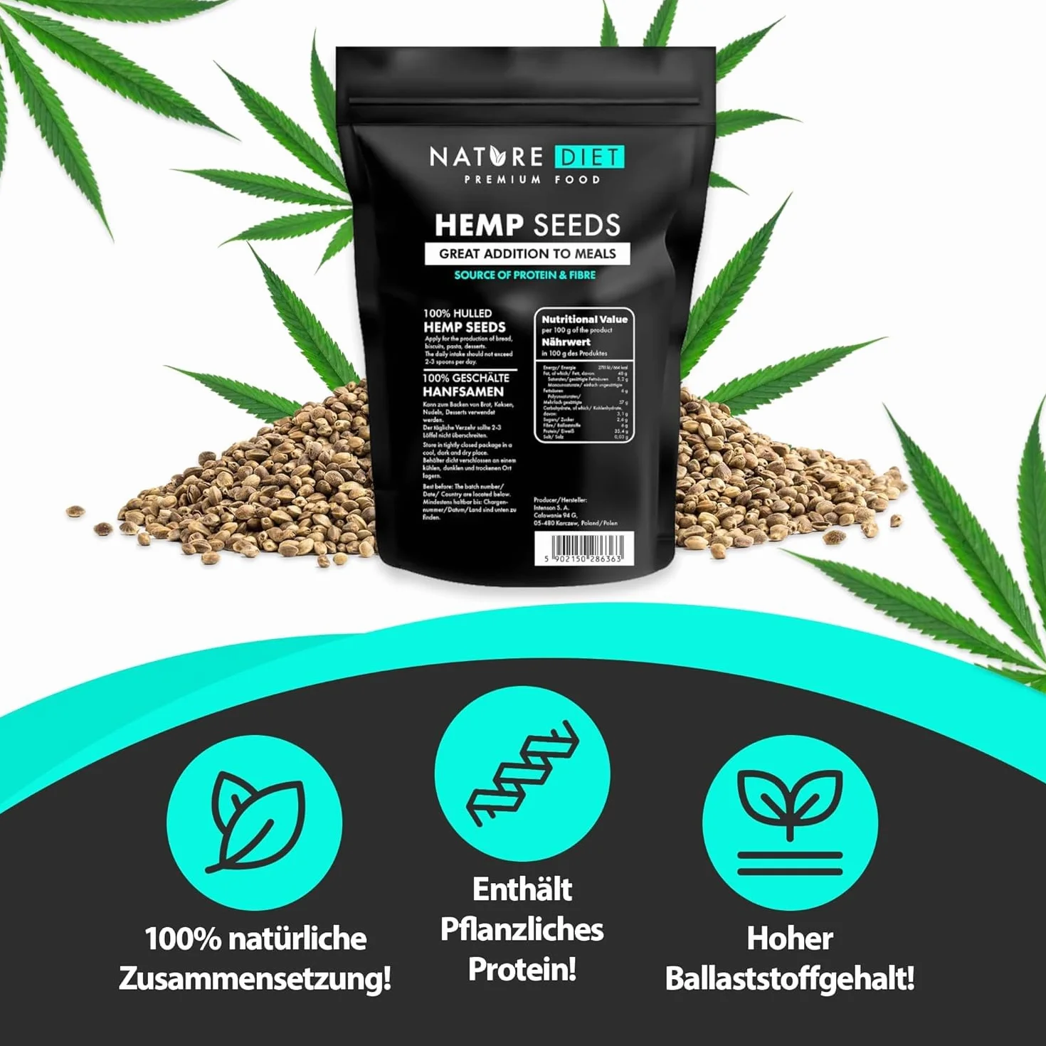 Nature Diet Semillas de Cáñamo Peladas 500 g Ricas en Proteínas Fibra Vegano Sin Gluten Sin Lactosa