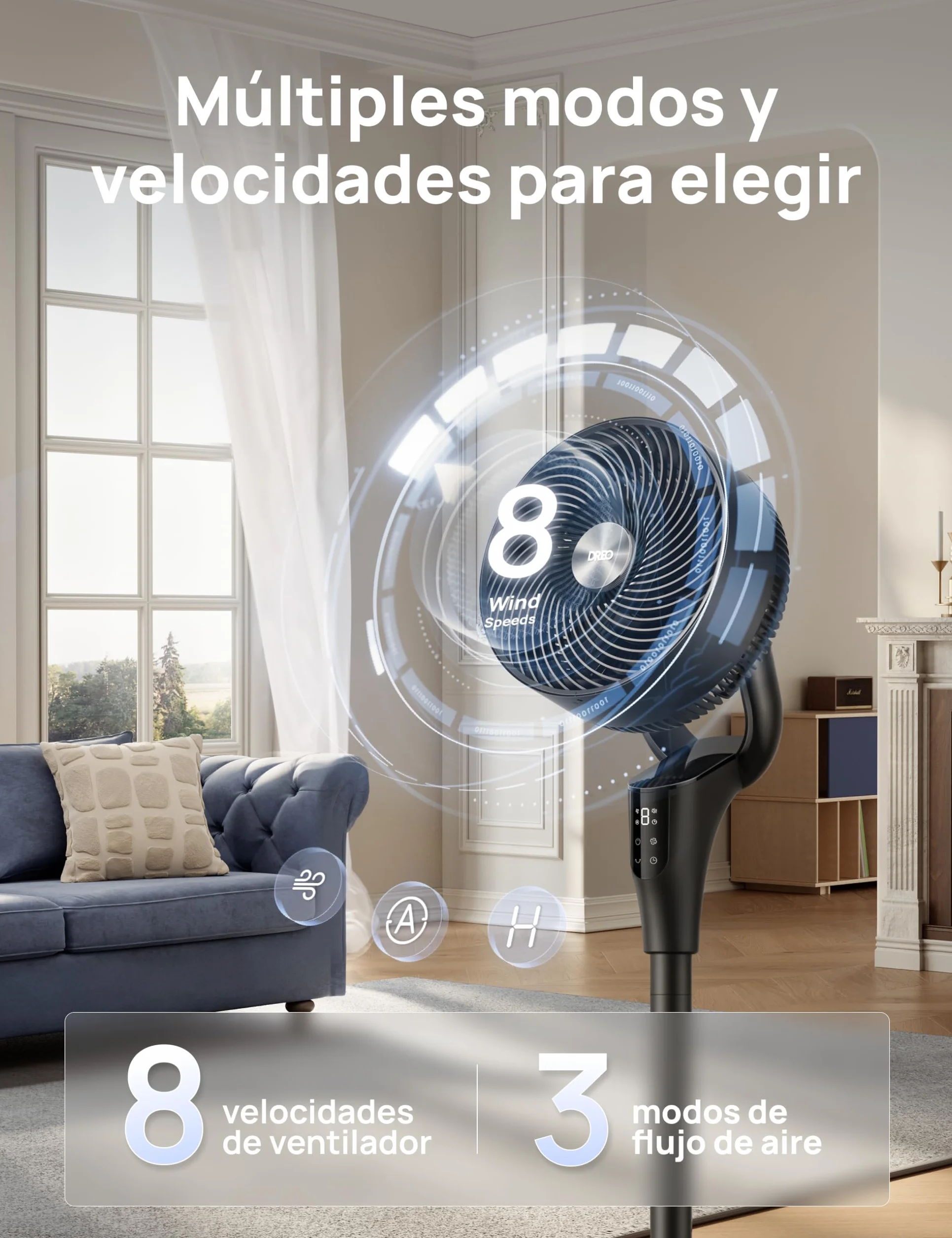 Dreo Ventilador de Pie Silencioso para Dormitorio [Mejorado], Flujo de Aire 27m, 20dB, Oscilación 90°, Motor DC, 8 Velocidades, 3 Modos, Altura 96–106 cm, Temporizador 8H, Inclinación 105°