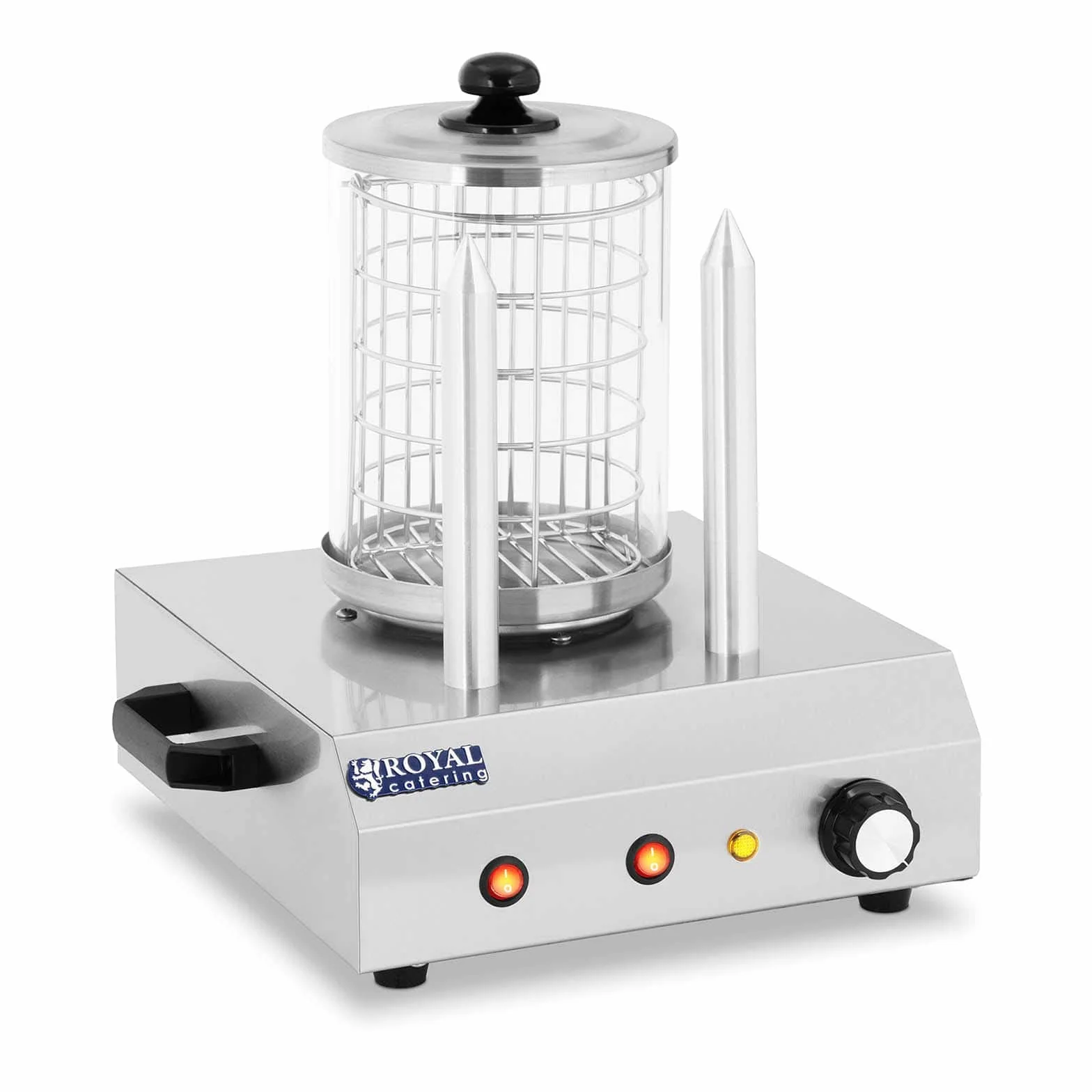 Royal Catering Máquina de Perritos Calientes Hot-Dog Machine con 2 Pinchos RCHW-350-2 (422 W, Temperatura hasta 97 °C, Vidrio templado, Acero inoxidable, Aluminio, 500 ml)