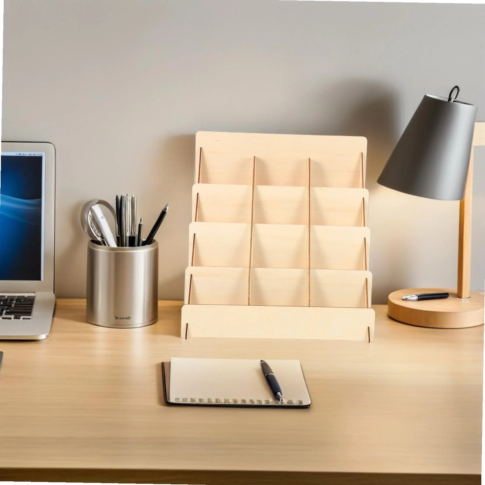Uonlytech Porta Tarjetas de Felicitación de Madera 4 Niveles, Organizador Versátil para Exhibición en Mesa y Optimización de Espacio Estilo Rústico Natural
