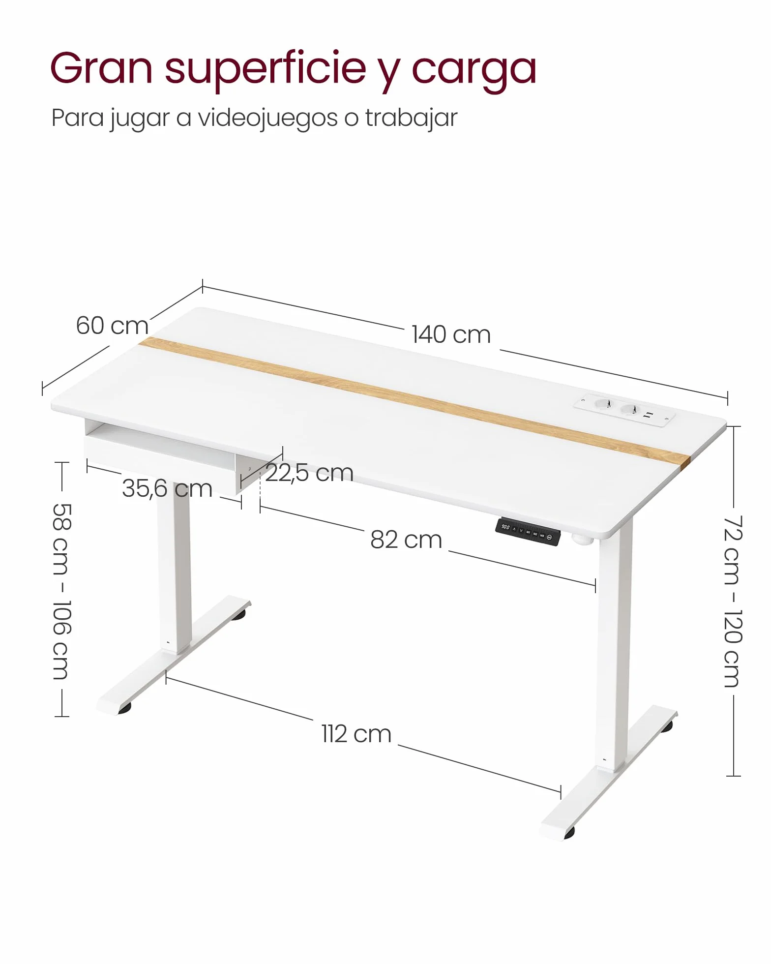 VASAGLE Escritorio Regulable en Altura 140x60 cm Mesa Eléctrica con Enchufe y Cajón Blanco