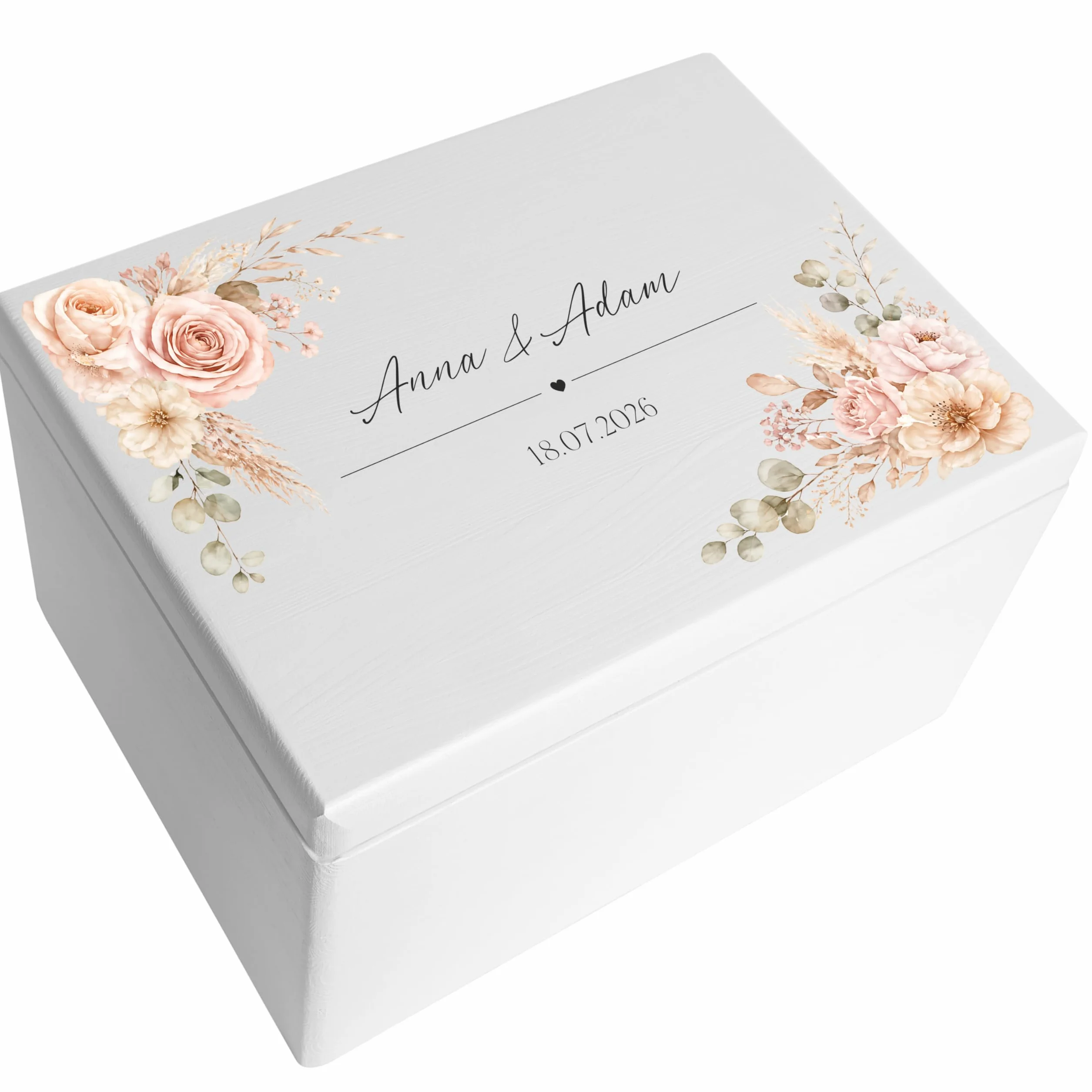Creative DECO Personalizada Caja de Regalos Originales para los Novios Boda | Regalo Blanca | Caja Madera de Recuerdos Especiales | Parejas Aniversario Matrimonio | Motivo Flores Nombres Fecha