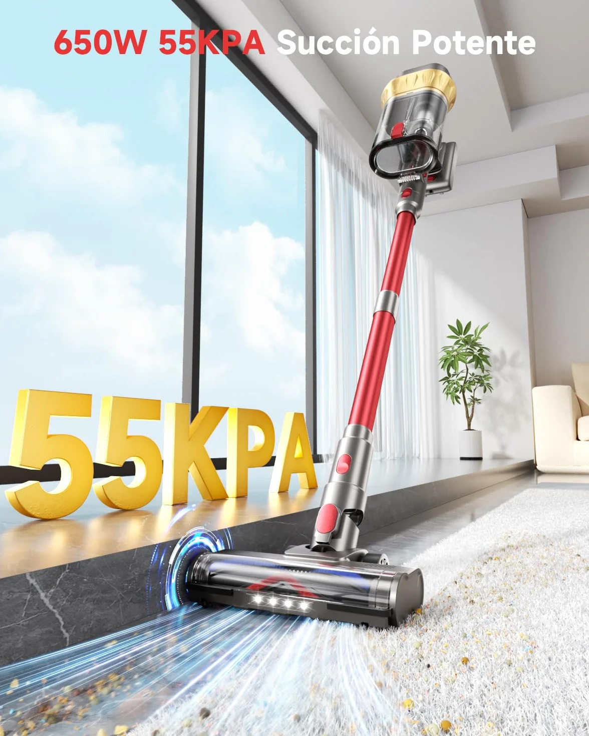 55KPa/650W Aspiradora sin Cable, Aspiradora Sin Cable Potente hasta 75Mins, con Carga de Pared Smart Screen, Cepillo Antienredos, Alfombra Pelo Mascota Suelo Sofá[Clase de eficiencia energética A+++]