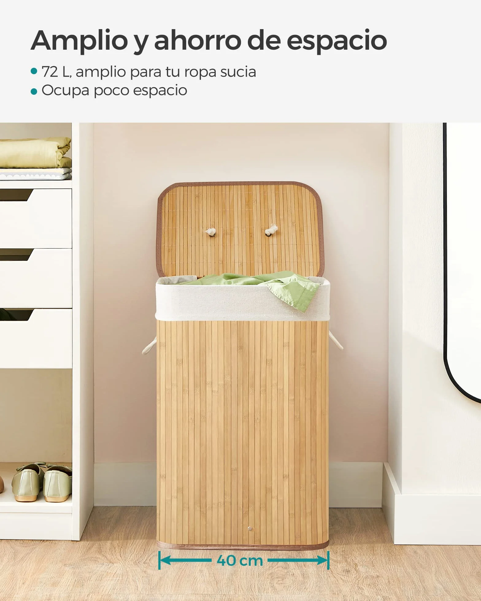 SONGMICS Cesto de la Ropa Sucia con Tapa 72 L Bambú Plegable con Bolsa Lavable Extraíble Natural LCB10Y