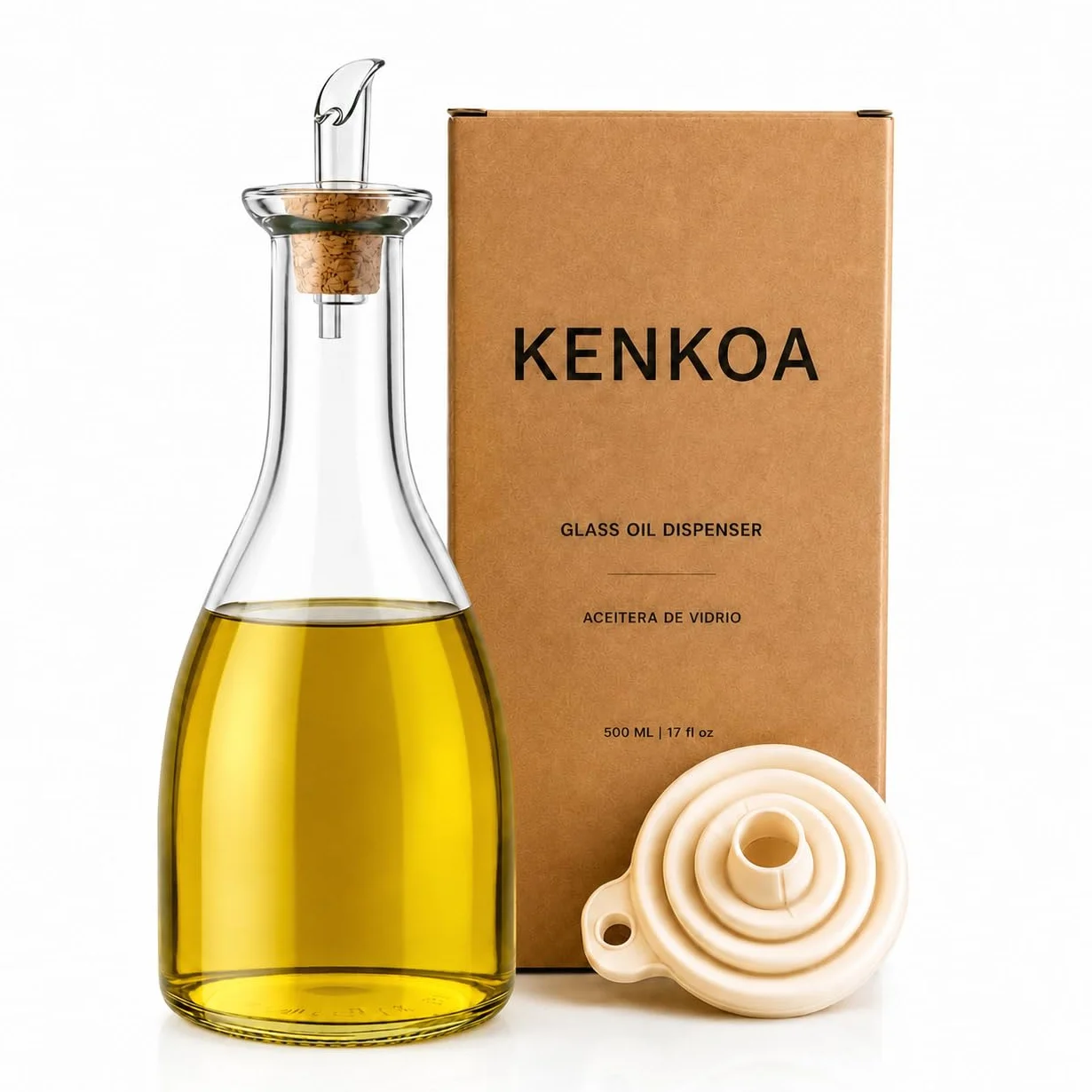 Aceitera Antigoteo 500 ml con Embudo Plegable – Botella de Vidrio con Tapón de Corcho Natural para Aceite y Vinagre