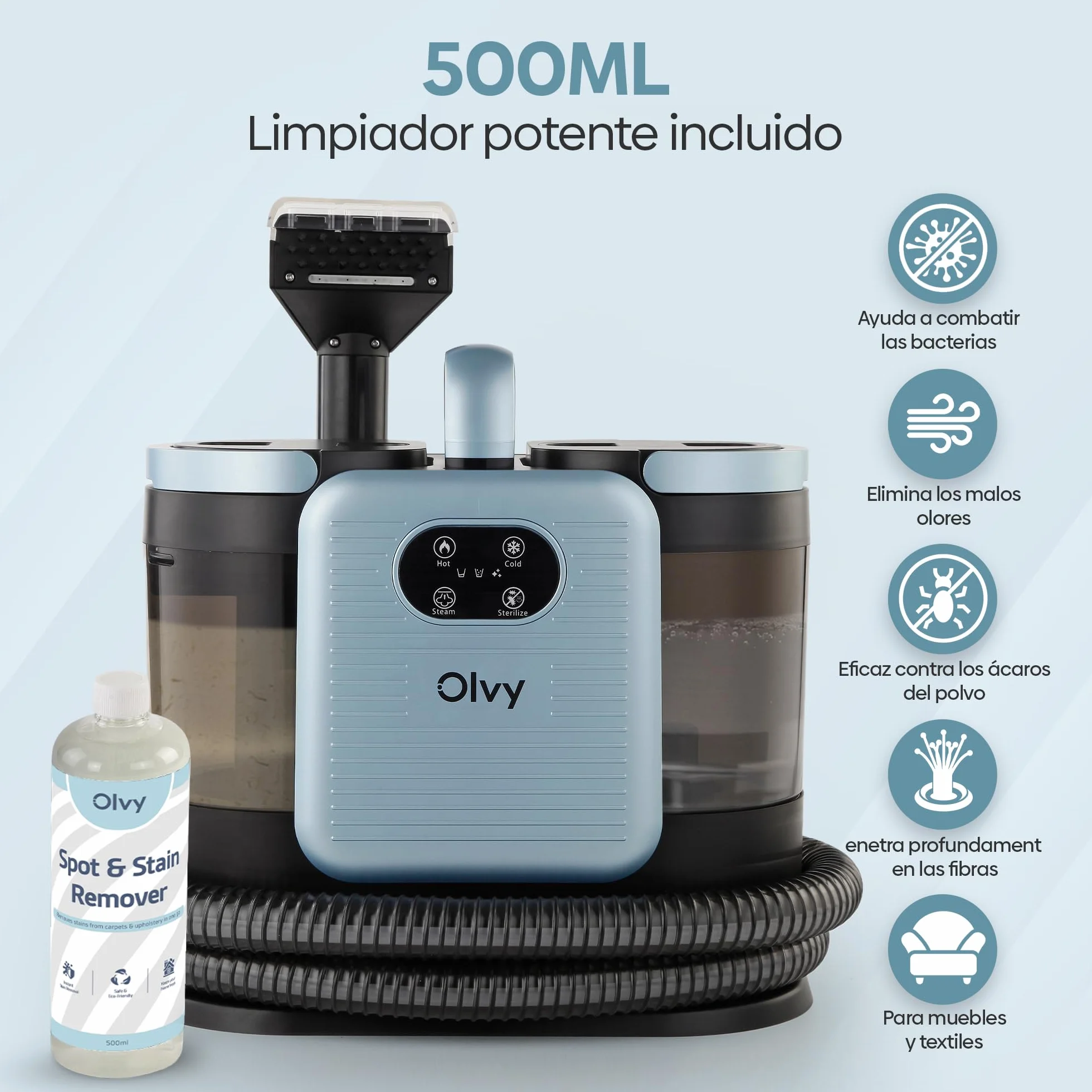 Olvy Limpiador de Alfombras PRO 1650W Aspiradora en húmedo con función de vapor 100°C