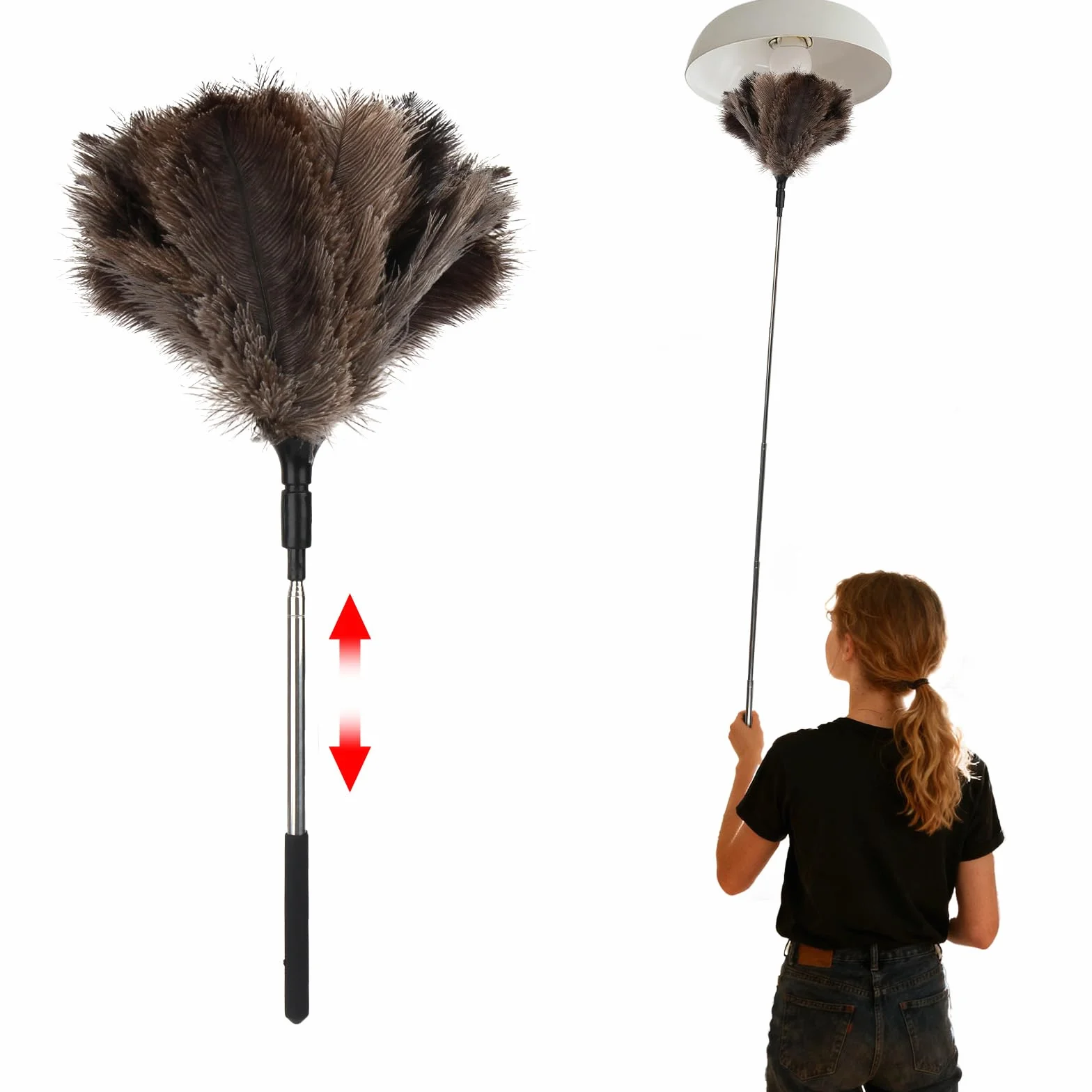 Plumero Atrapapolvo de Plumas de Avestruz - 18-120cm Plumero Telescopico Extensible, Plumeros Avestruz Lavable y Antiestático para Polvo, Telas de Araña, Techos, Muebles, Ventiladores, Coche