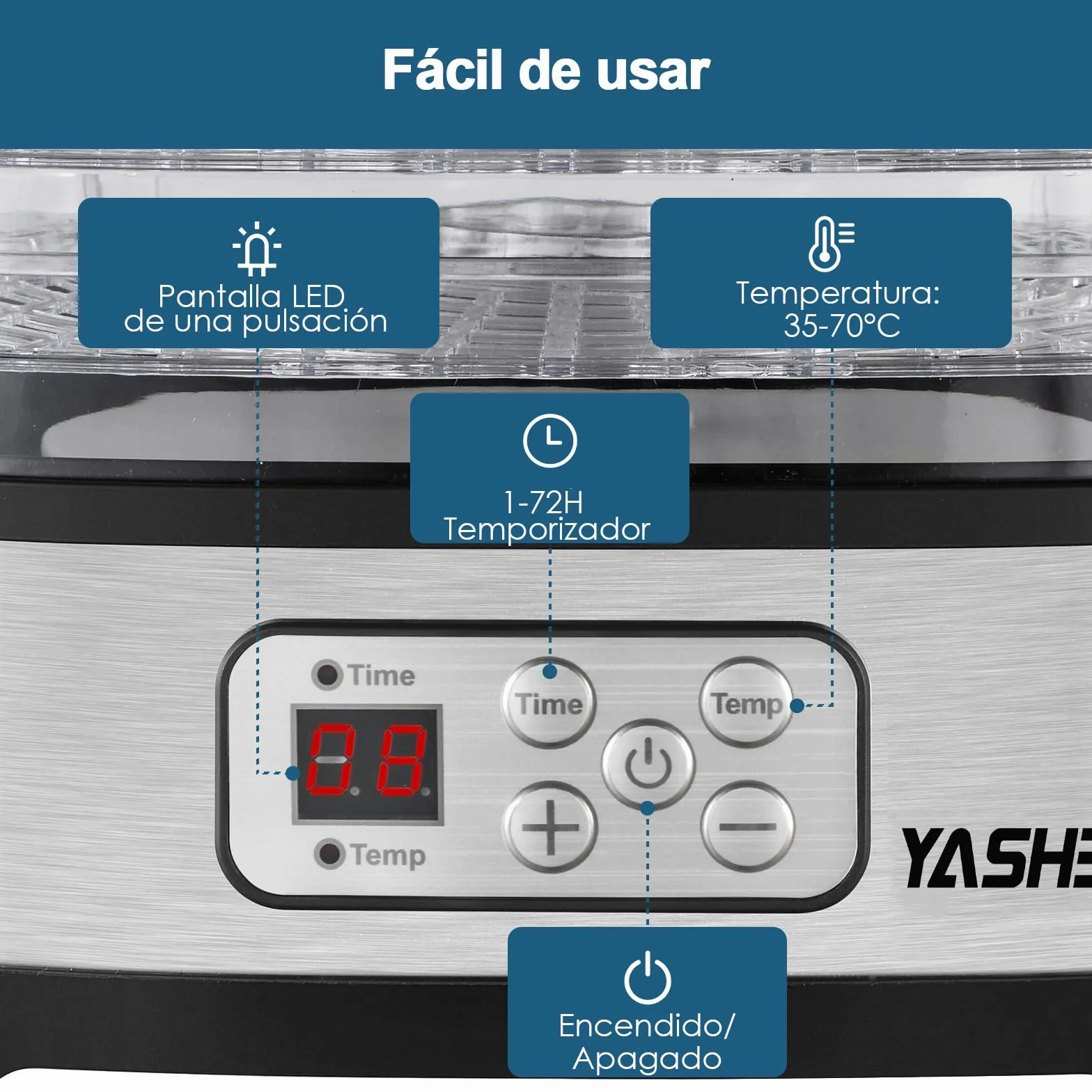 YASHE GGJ-261B Deshidratador de Alimentos, 240W, 5 Bandejas Ajustables, Control de Temperatura 35-70°C, Temporizador 72h, Sin BPA