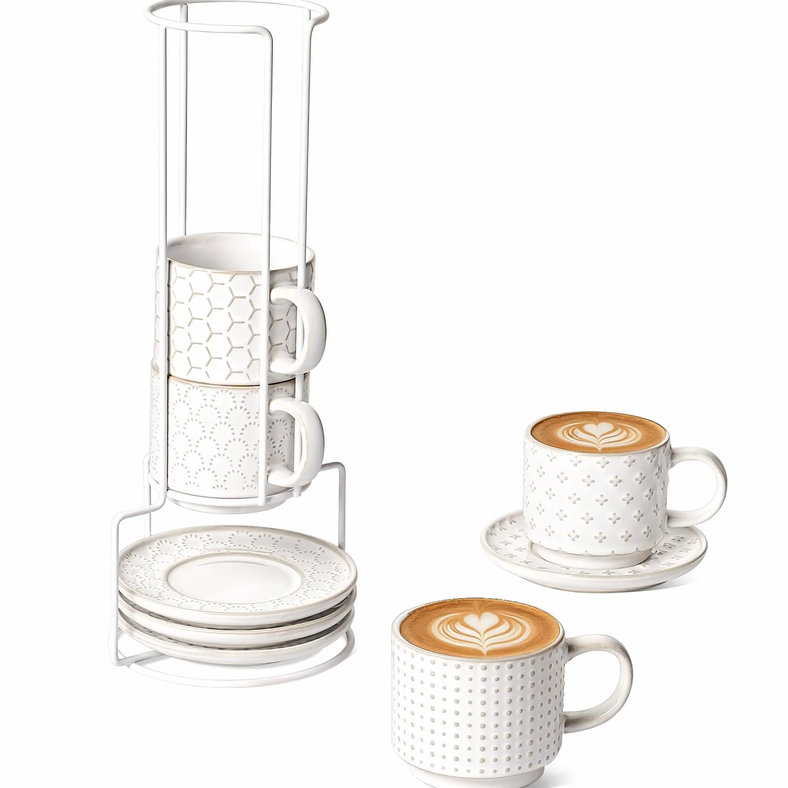 LE TAUCI Juego de 4 tazas de café apilables de 6 onzas con platillos y soporte, juego de 4 tazas de café de cerámica para blanco plano, té, americano, apto para lavavajillas y microondas, blanco en