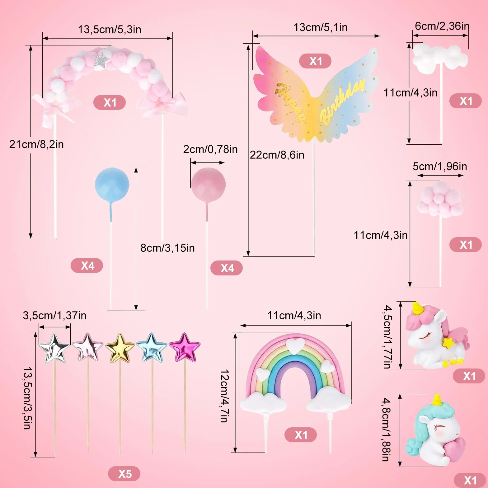 Decoración para tartas de unicornio, 20 piezas, unicornios, arco iris, globos, para cumpleaños
