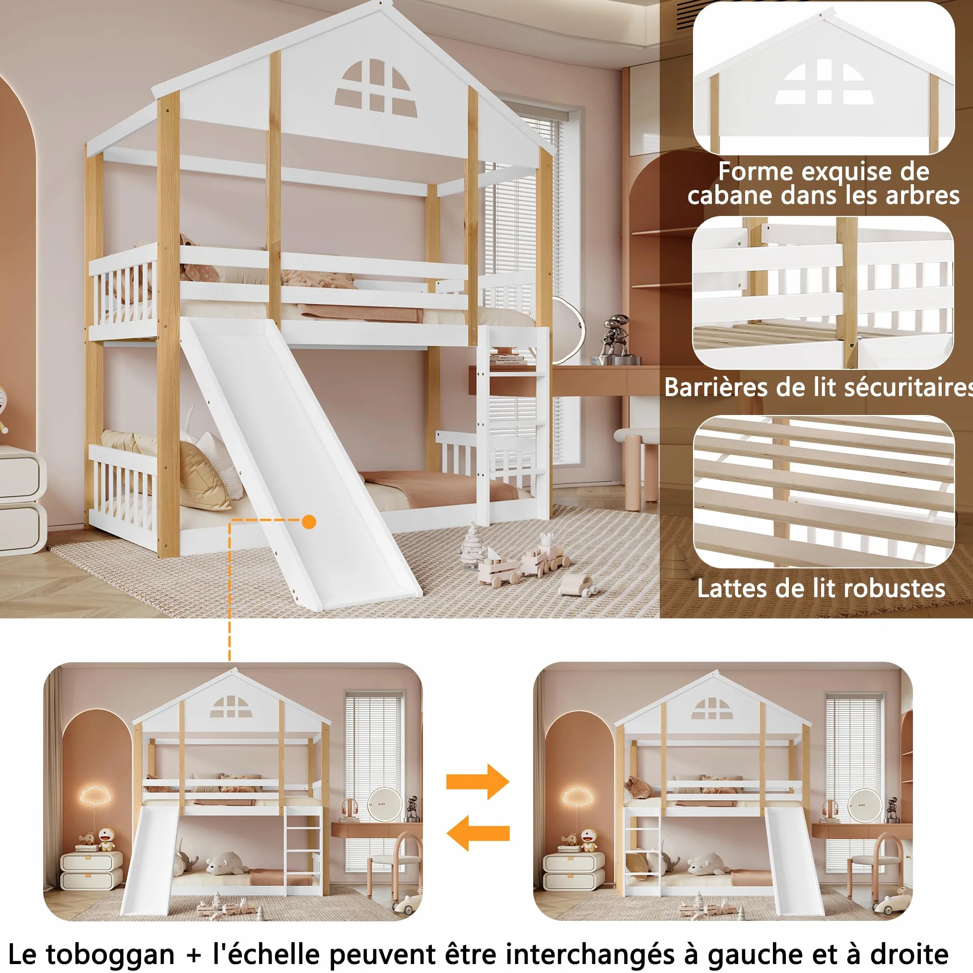 Soweiz Litera Infantil con Tobogán y Escalera, Cama Alta Casa de Madera, 90x200 cm