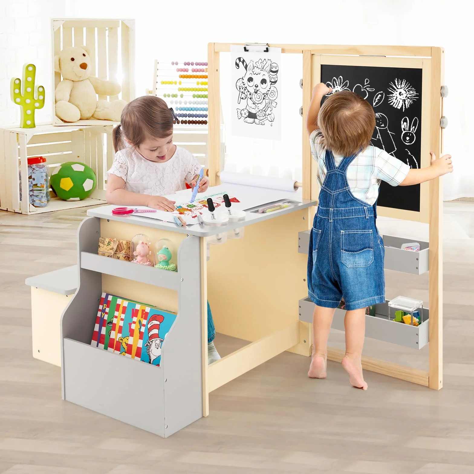 LIFEZEAL Mesa Infantil con Banco, Juego de Caballete con Pizarra de Doble Cara, Conjunto de Mesa y Silla para niños de 3+ años, Estante para Juguetes y Libros, Rollo de Papel y rotulador (Gris)