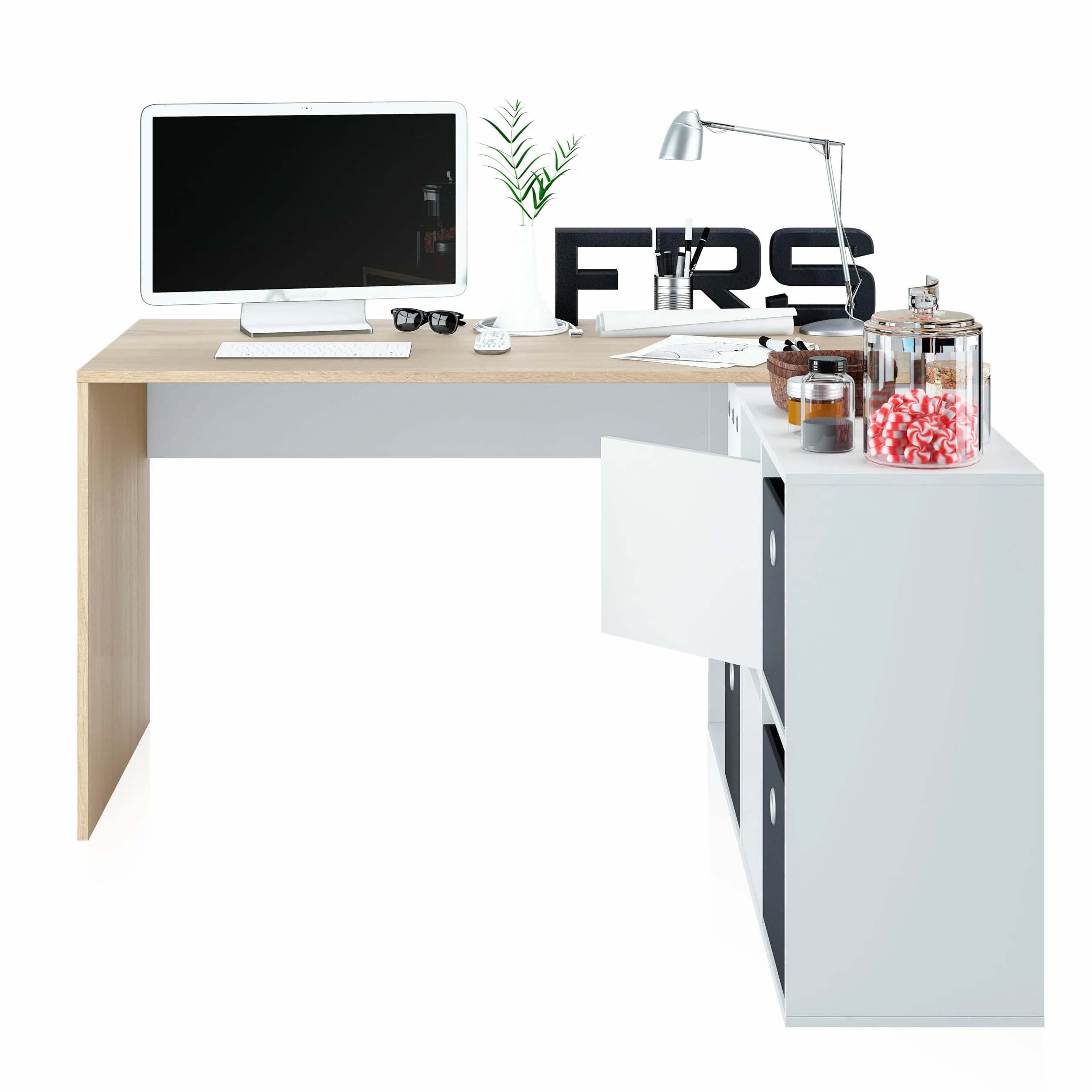 duehome | Escritorio Multiposición Reversible, Mesa Estudio, Mesa PC, Modelo Move, Acabado en Blanco Artik y Roble Canadian, Medidas: 136 cm (Largo) x 139 cm (Ancho) x 74 cm (Alto)