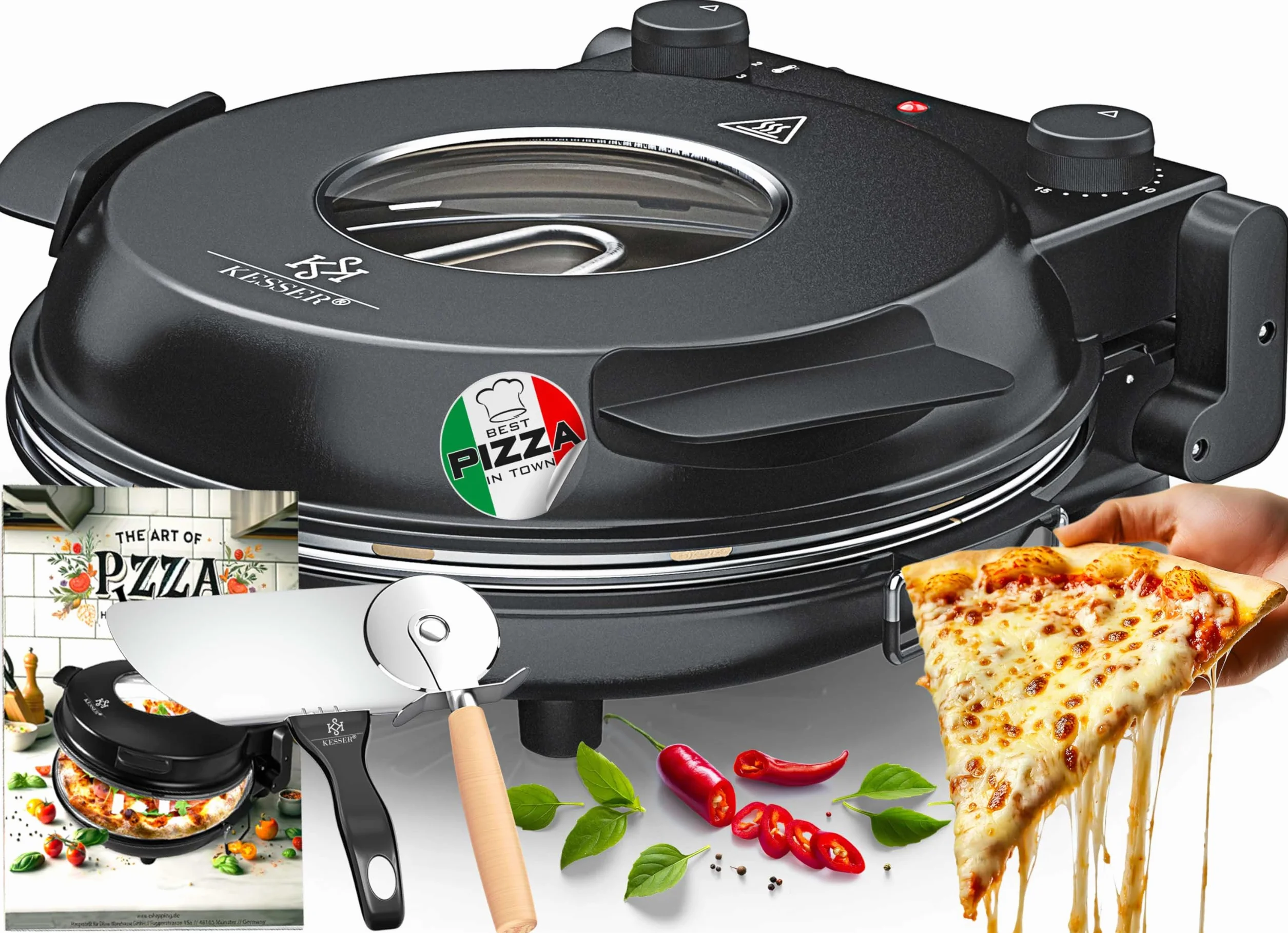 KESSER Horno eléctrico para pizza 400°C 1200W 32 cm placa piedra ignífuga temporizador 5 niveles