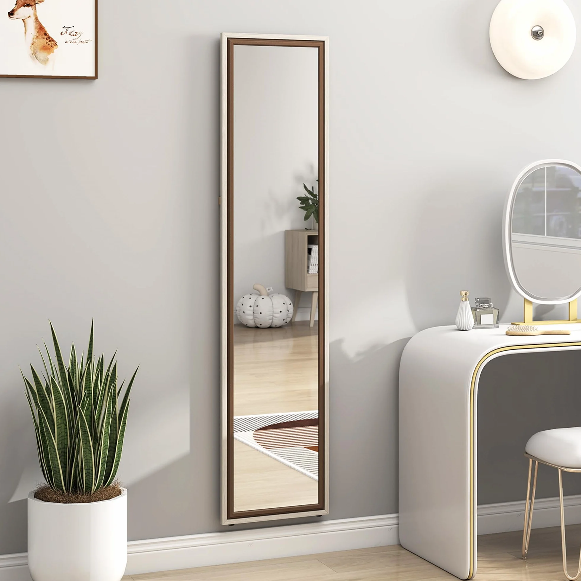 HOMCOM Espejo de Pie Cuerpo Entero 157x37 cm, Espejo Grande de Pared con Marco Bicolor, de Pie, Inclinado o Colgante, para Salón, Dormitorio, Pasillo, Entrada, Blanco y Marrón Oscuro