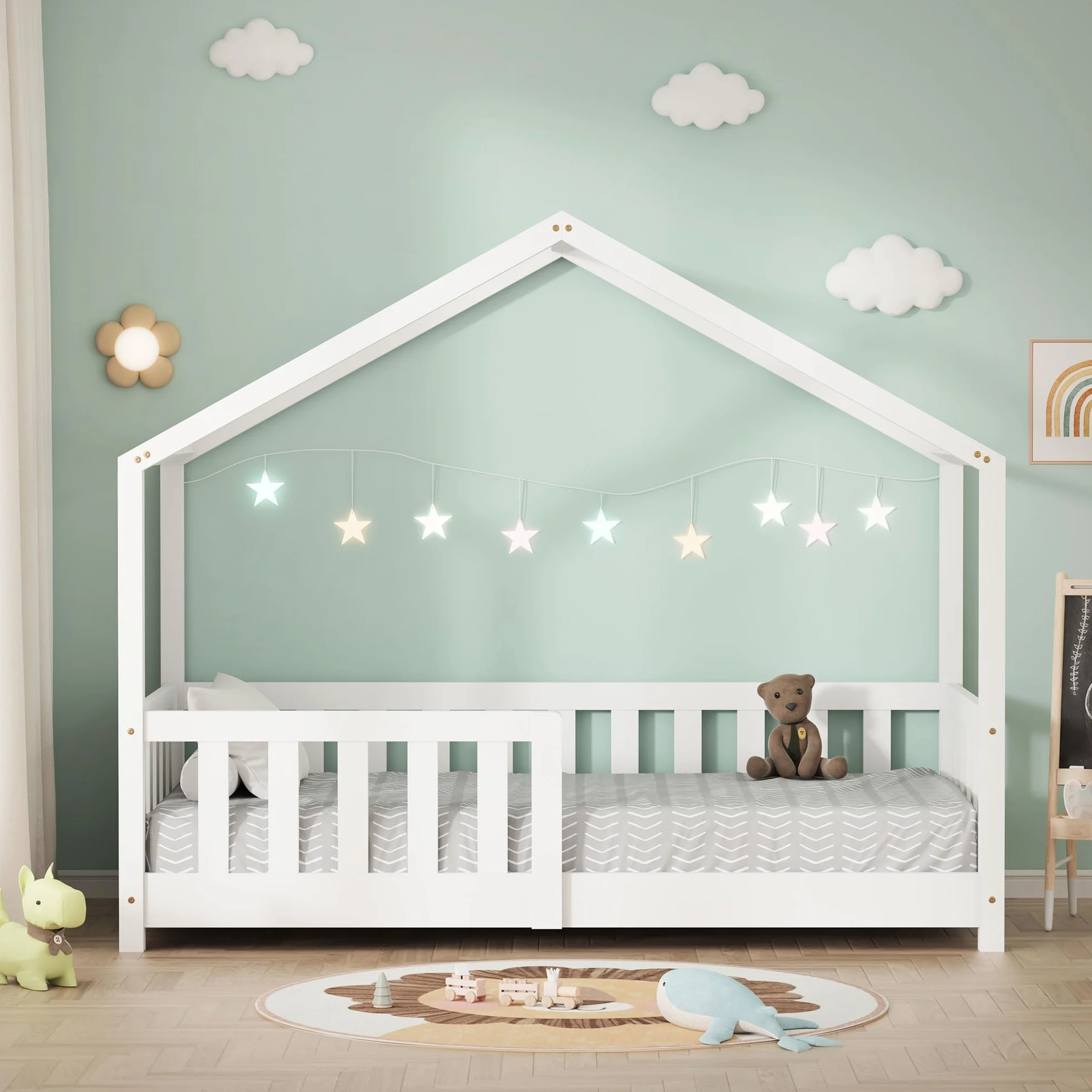 ML-Design Cama Infantil Casa 70x140 cm Madera Blanca Maciza de Pino, Casita Estilo Montessori con Somier de Láminas, Techo y Protección Anticaída, Cuna Baja de Suelo para Niños, Litera Junior
