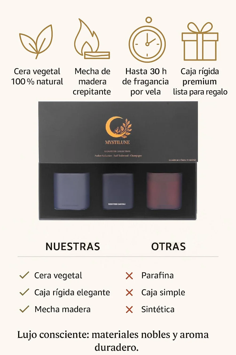 Signature Collection – Set de 3 Velas Aromáticas para Regalo con Mecha de Madera | Amber Seduction, Red Teakwood y Champagne | Cera Vegana Soja y Carnauba | Regalos Originales para Mujer