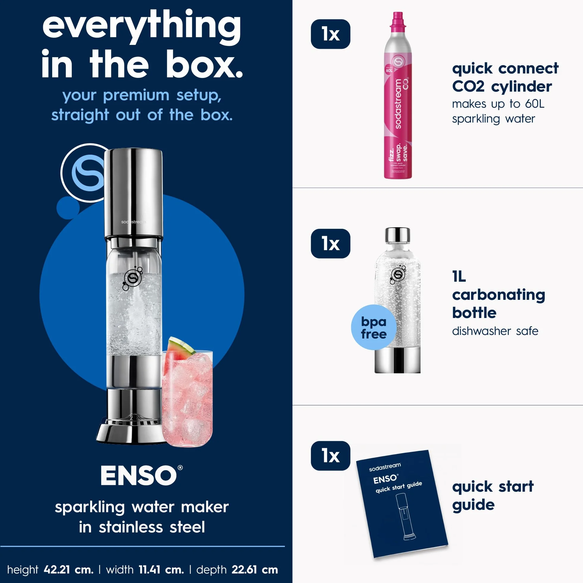 SodaStream Enso gasificador acero inoxidable agua con gas incluye cilindro CO₂ botella 1 l apta lavavajillas
