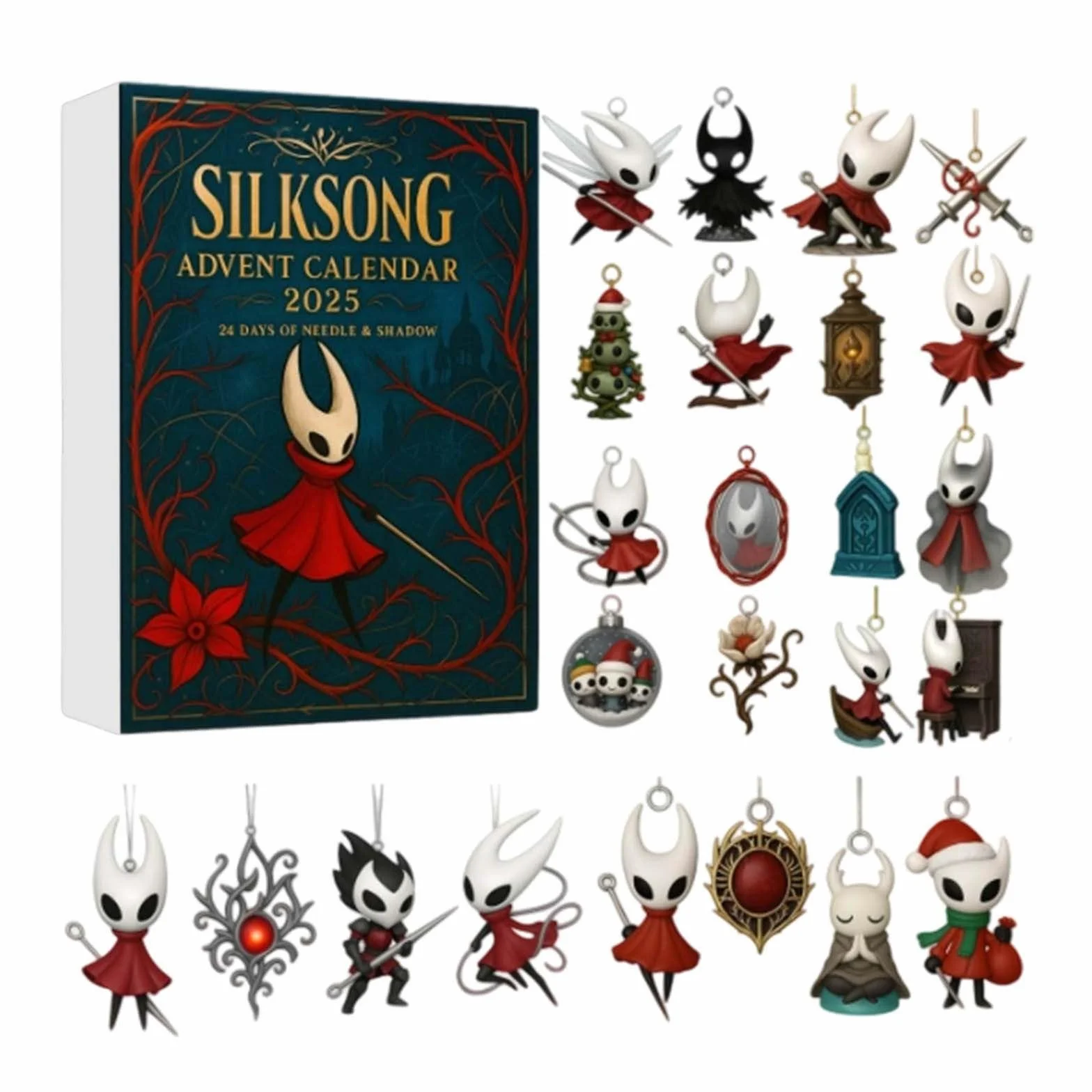Hollow Knight Silksong Calendario de Adviento 2025, calendario de cuenta regresiva Navidad 24 días adornos árbol acrílicos 2D, colección llaveros regalo