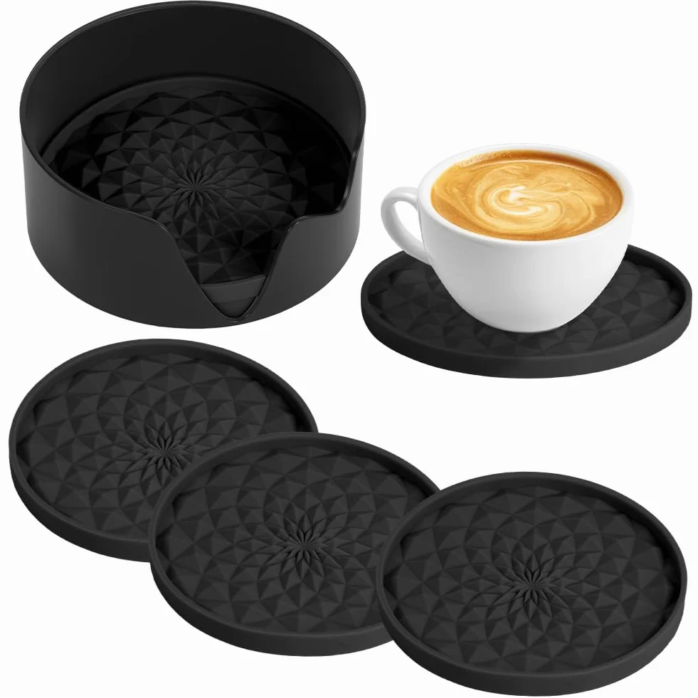 Posavasos de Silicona Antideslizante Aislante Redondo 6 Piezas 0,28 Pulgadas Negro