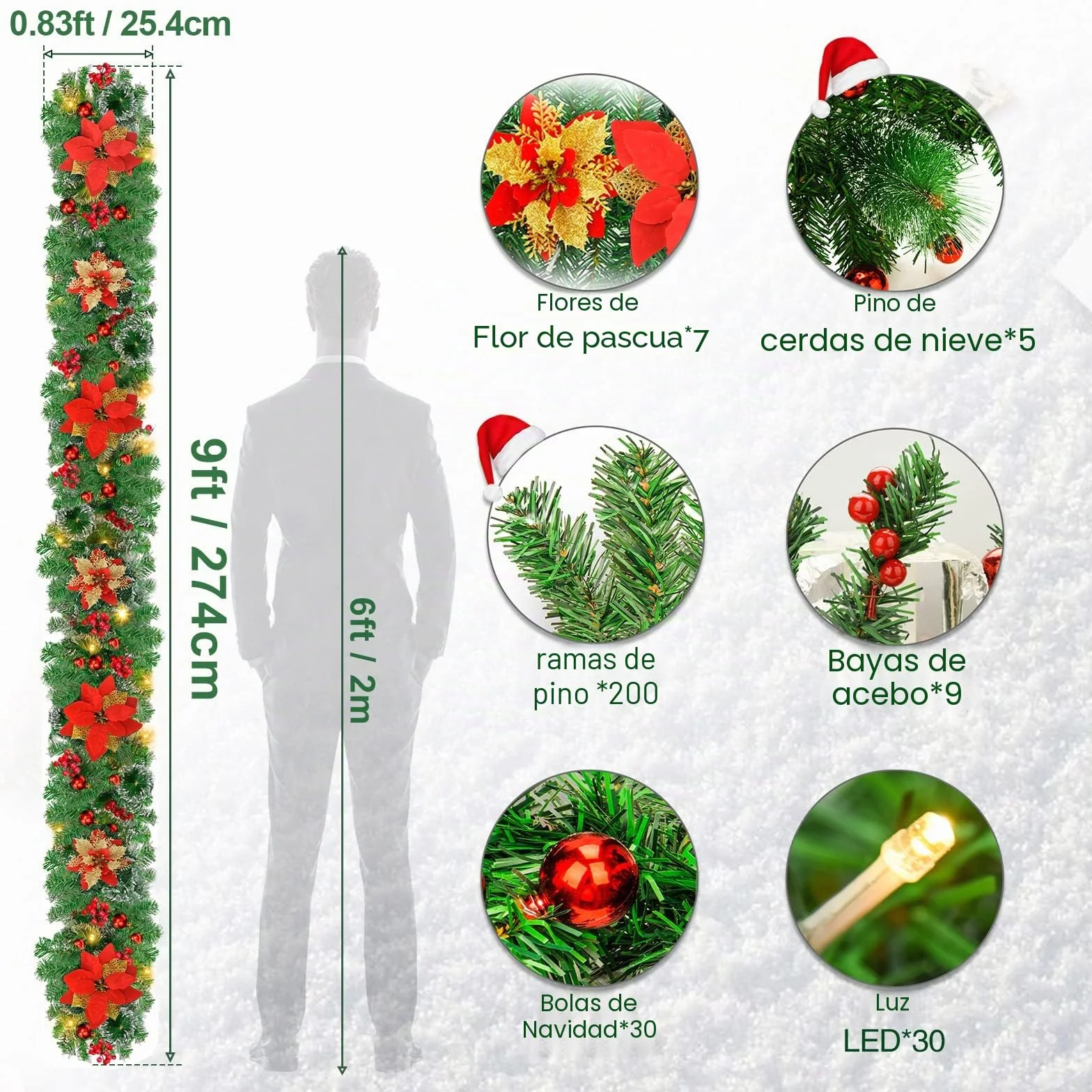 Guirnalda Navidad, Corona navideña de 2,7 m, 200 Ramas, con Bayas Rojas y Agujas de Pino Blanco,Decoracion Navidad para Chimenea con escalones de jardín (Rojo)